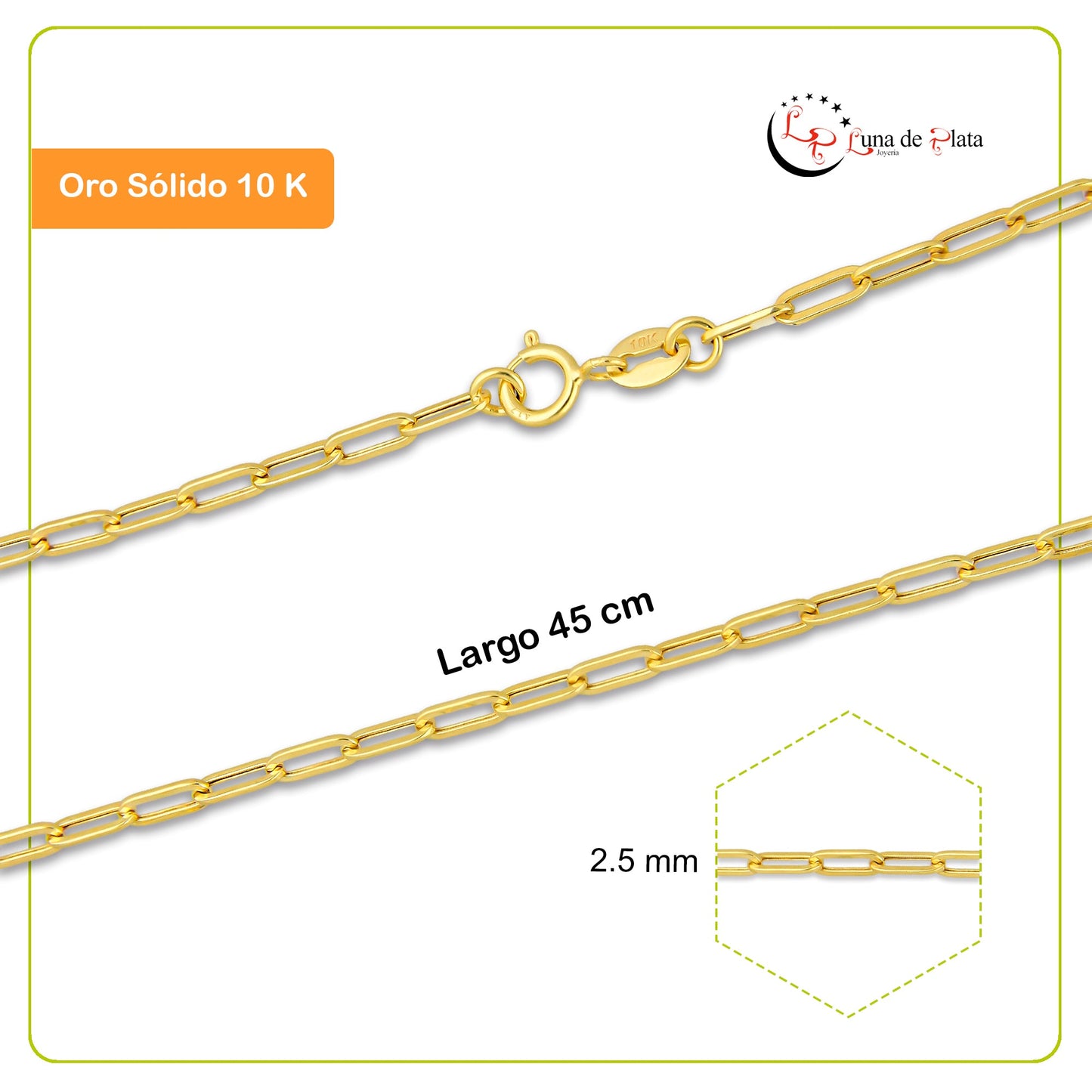 MR10CU041-45 Cadena Oro Sólido 10K EMF10 Modelo Clip 2.5 mm x 45 cm
