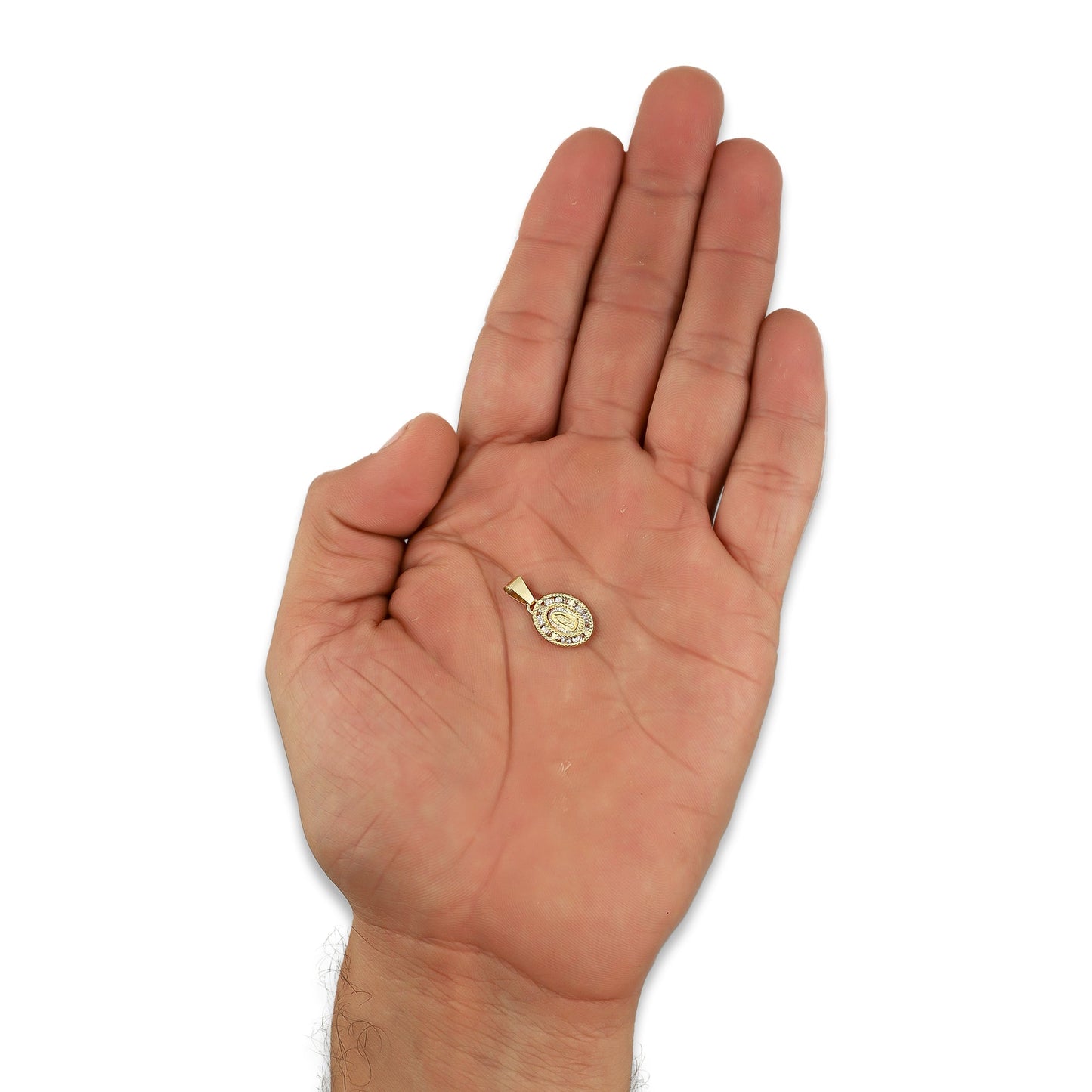 MR14DJ001 Dije Medalla Oval Oro Sólido 14K Virgen Zirc Perl 0.9 x 1.7 cm