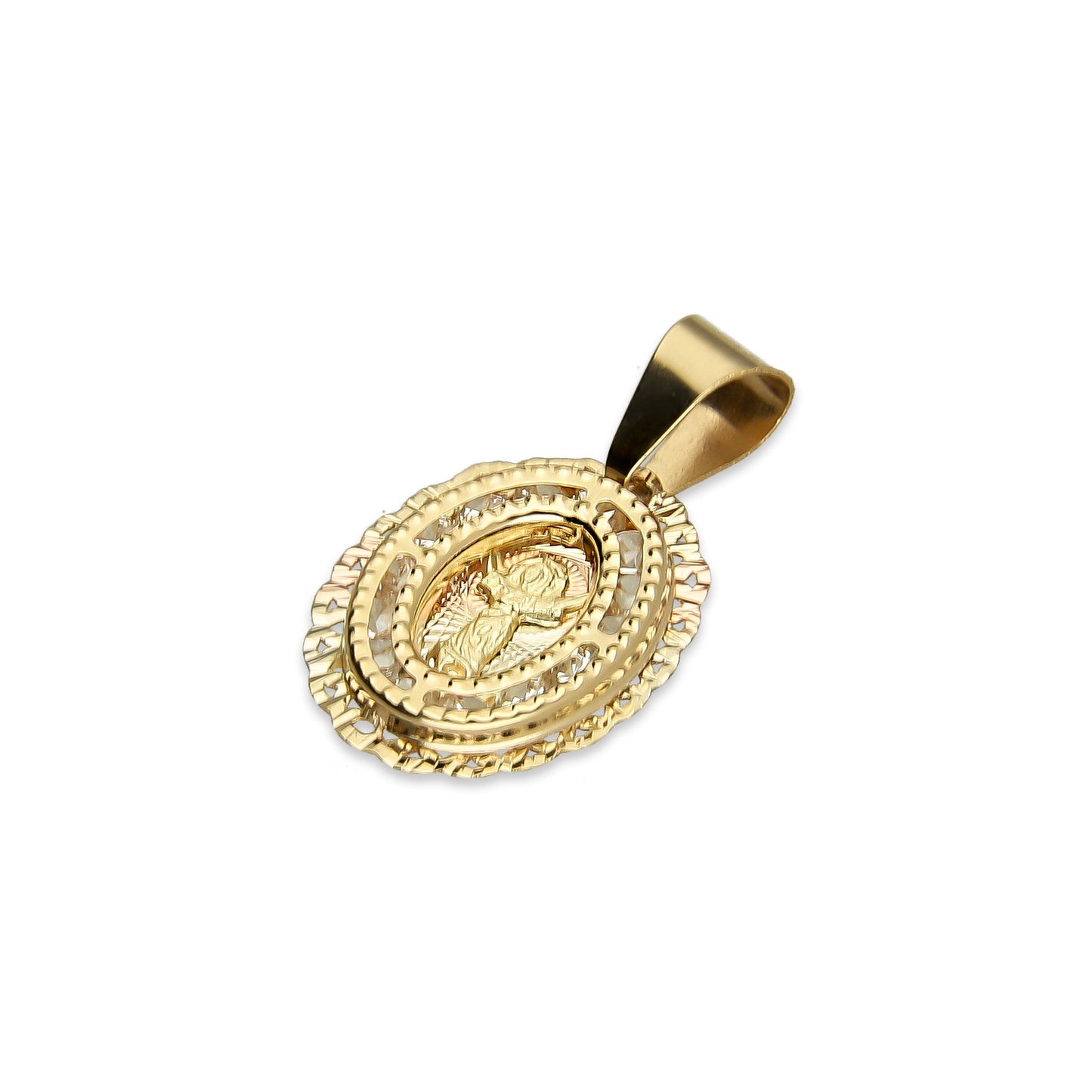 MR14DJ003 Dije Medalla Oval Oro Sólido 14K Divino Niño Zirc Perl Olan 1.1 x 1.9 cm
