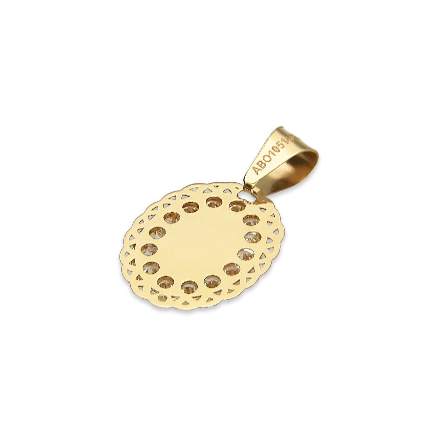 MR14DJ003 Dije Medalla Oval Oro Sólido 14K Divino Niño Zirc Perl Olan 1.1 x 1.9 cm