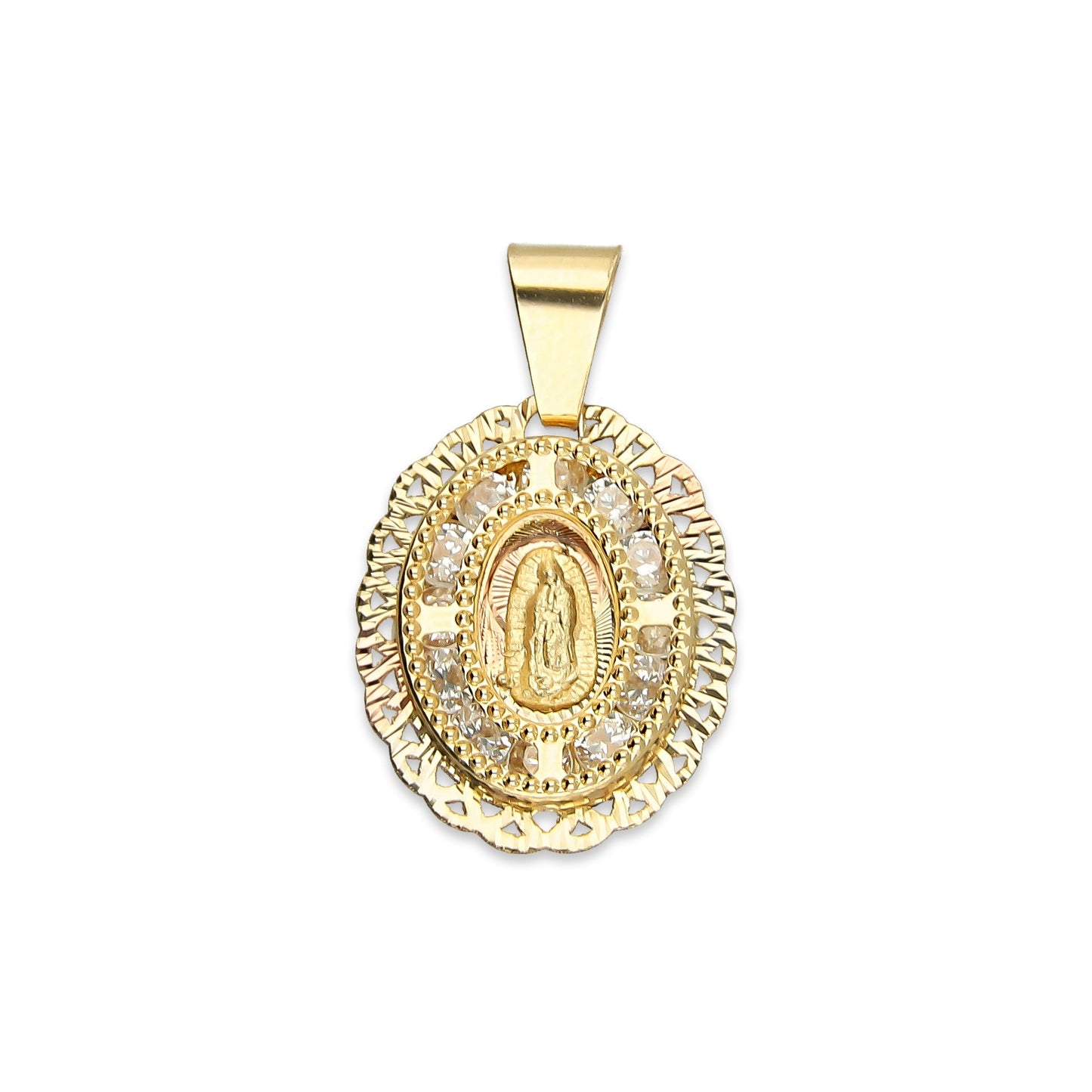 MR14DJ005 Dije Medalla Oval Oro Sólido 14K Virgen Zirc Perl Olan 1.2 x 1.9 cm