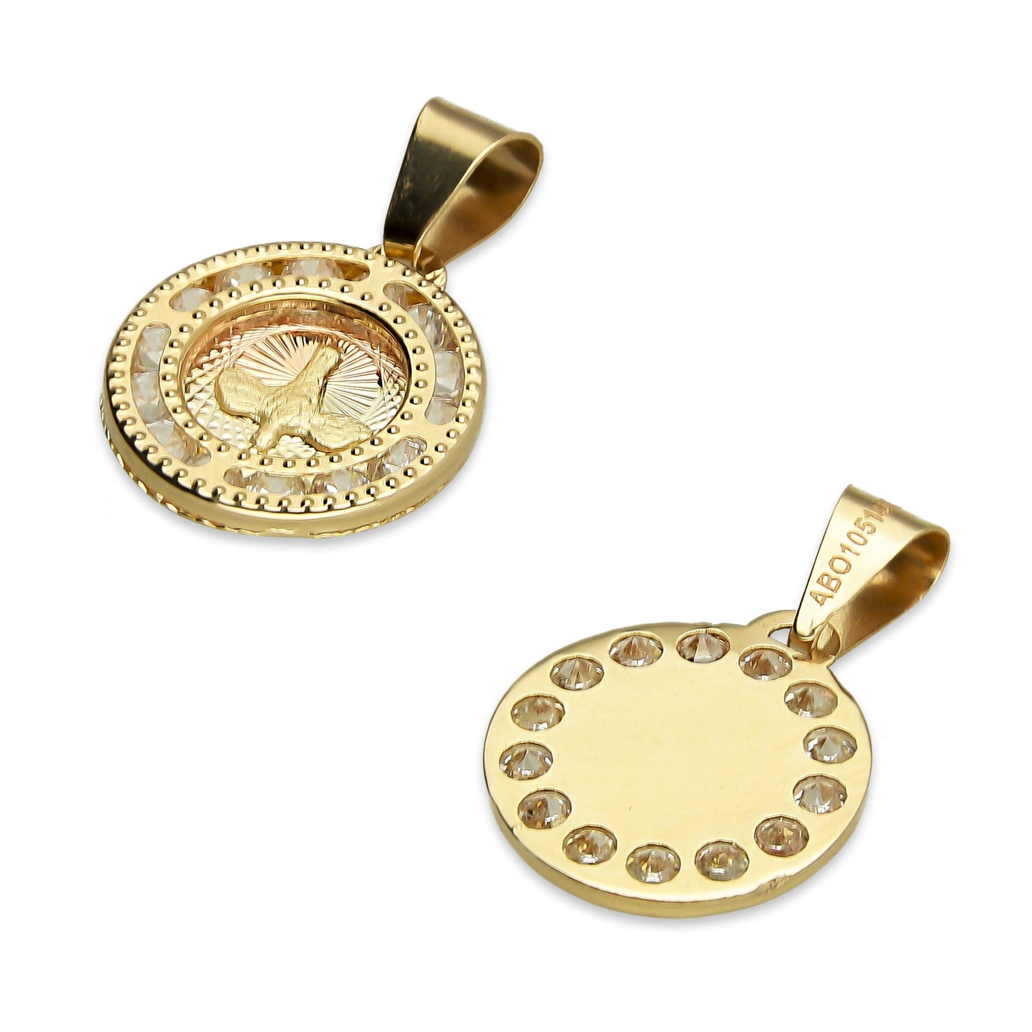MR14DJ006 Dije Medalla Redonda Oro Sólido 14K Espíritu Santo Zirc Perl 1.1 x 1.7 cm