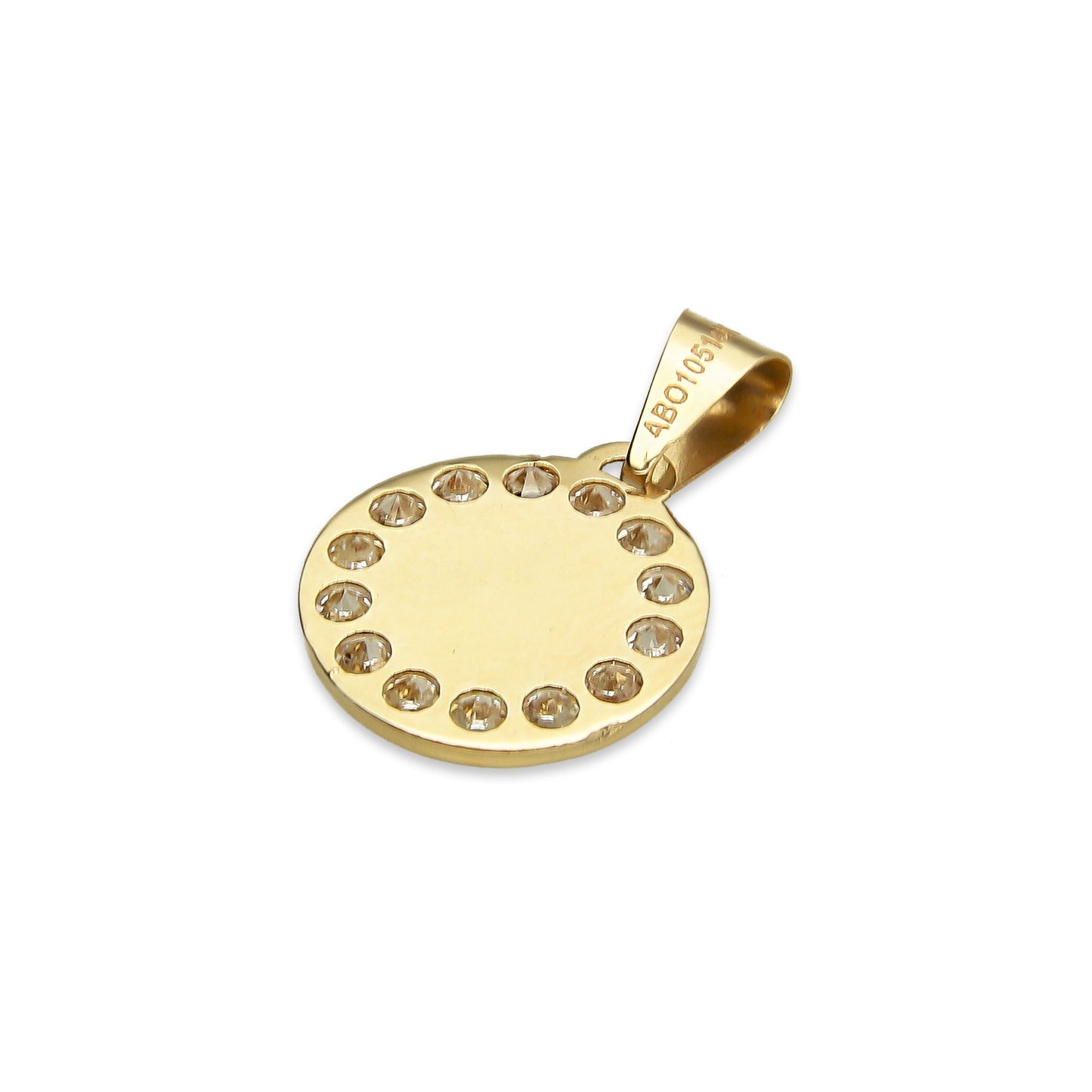 MR14DJ006 Dije Medalla Redonda Oro Sólido 14K Espíritu Santo Zirc Perl 1.1 x 1.7 cm