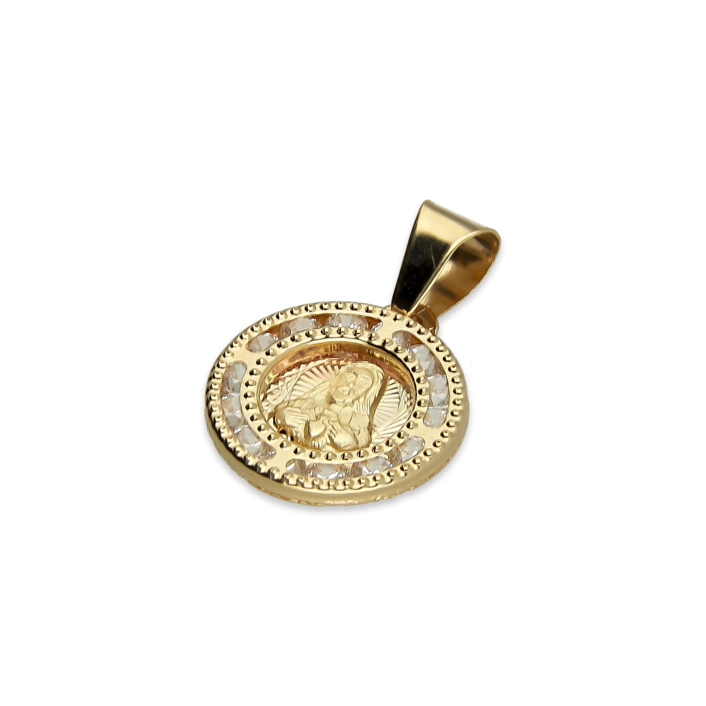 MR14DJ007 Dije Medalla Redonda Oro Sólido 14K Sagrado Corazón Zirc Perl 1.1 x 1.7 cm