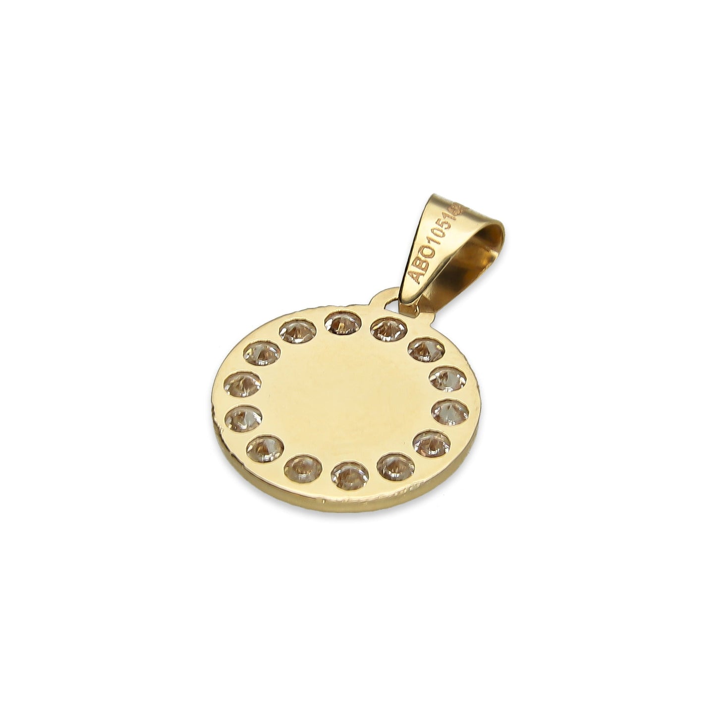MR14DJ007 Dije Medalla Redonda Oro Sólido 14K Sagrado Corazón Zirc Perl 1.1 x 1.7 cm