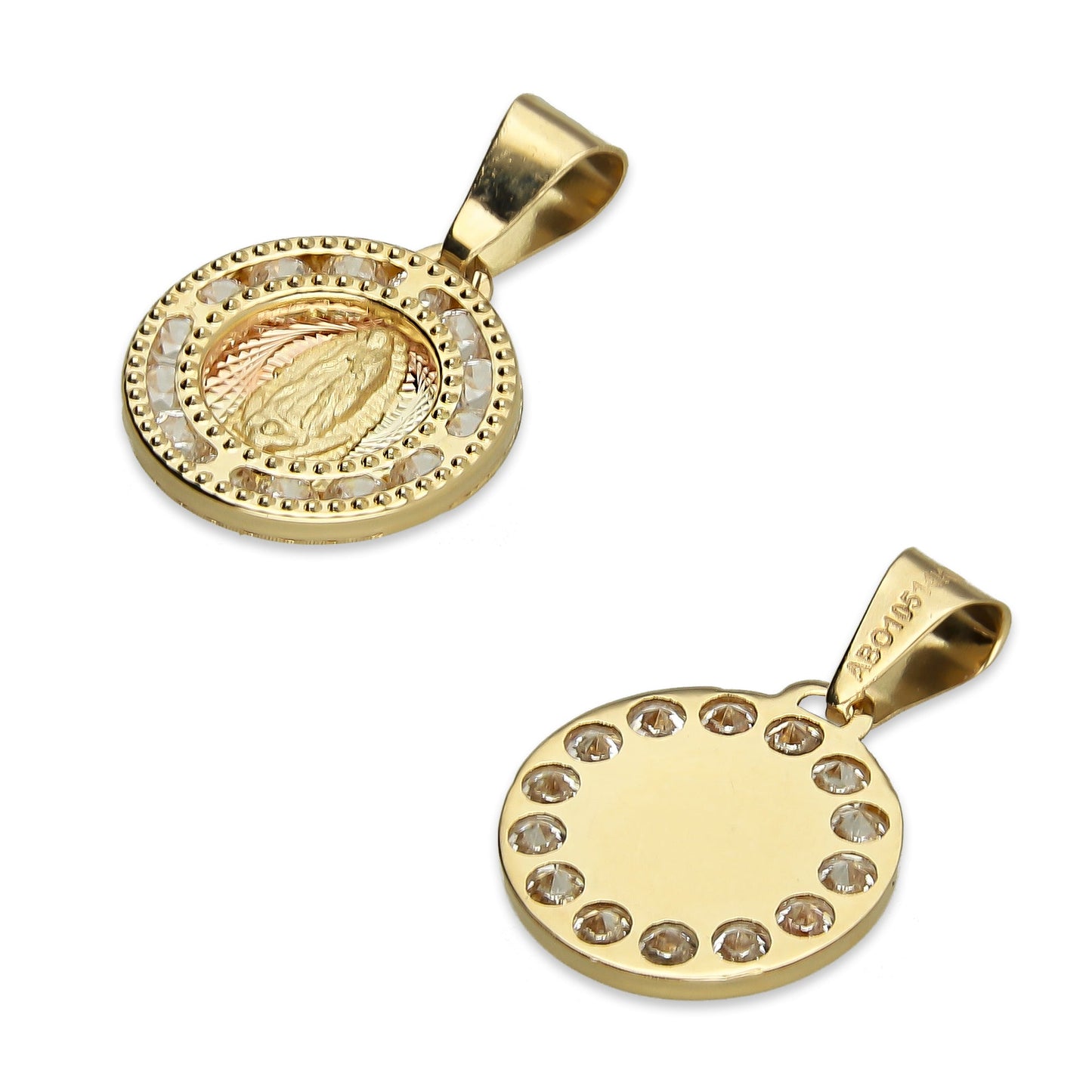 MR14DJ008 Dije Medalla Redonda Oro Sólido 14K Virgen Zirc Perl 1.1 x 1.7 cm