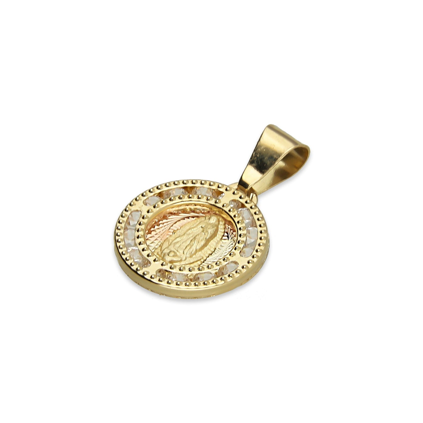 MR14DJ008 Dije Medalla Redonda Oro Sólido 14K Virgen Zirc Perl 1.1 x 1.7 cm