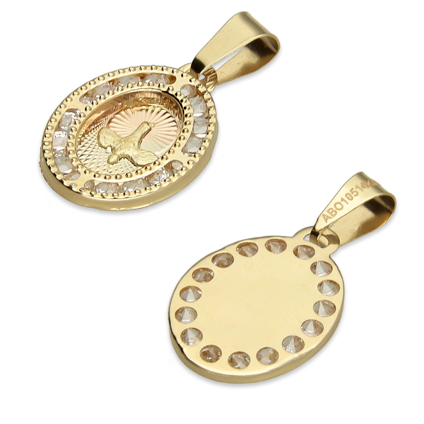 MR14DJ009 Dije Medalla Oval Oro Sólido 14K Espíritu Santo Perl 1.2 x 2.2 cm