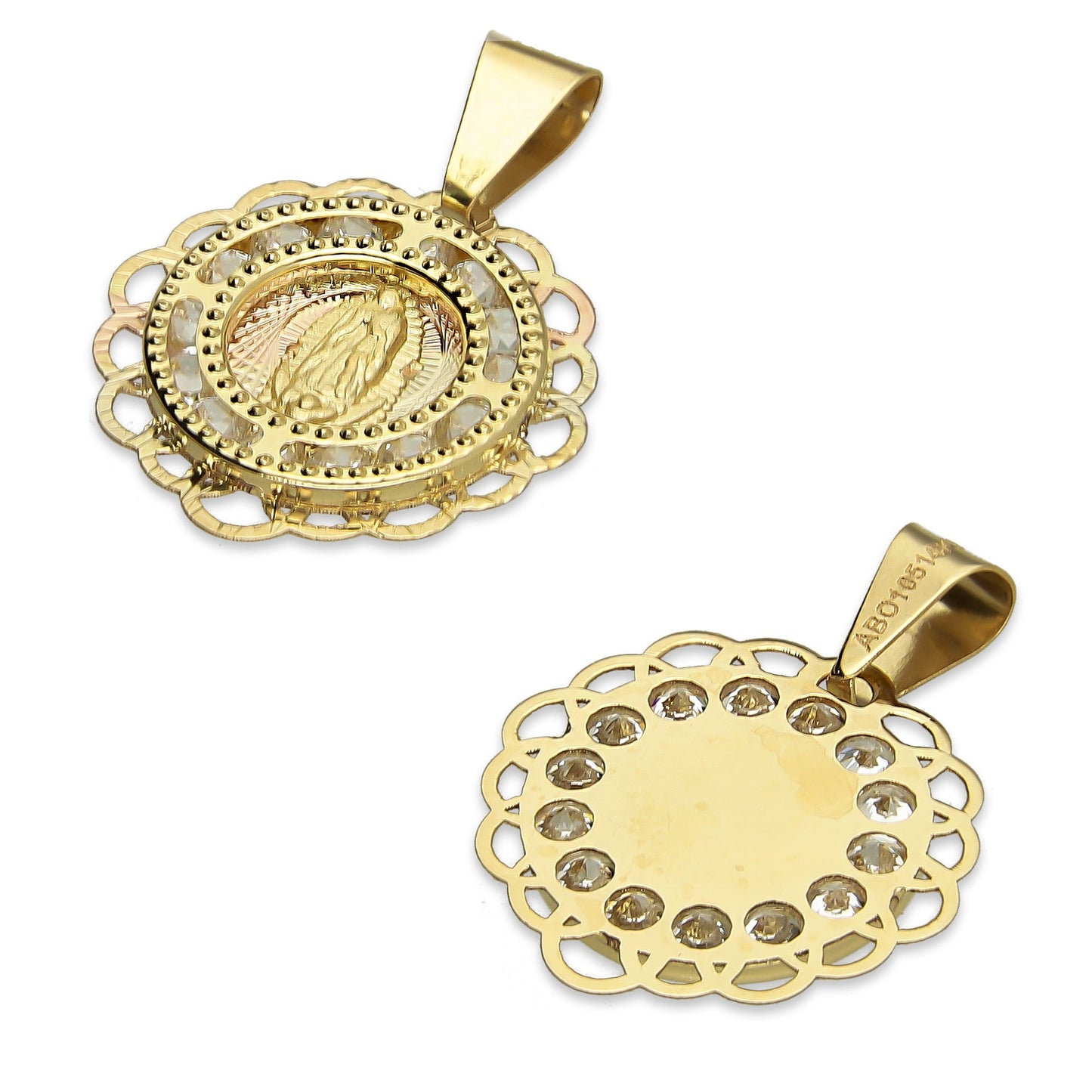 MR14DJ013 Dije Medalla Redonda Oro Sólido 14K Virgen Zirc Perl Olan 1.5 x 1.9 cm