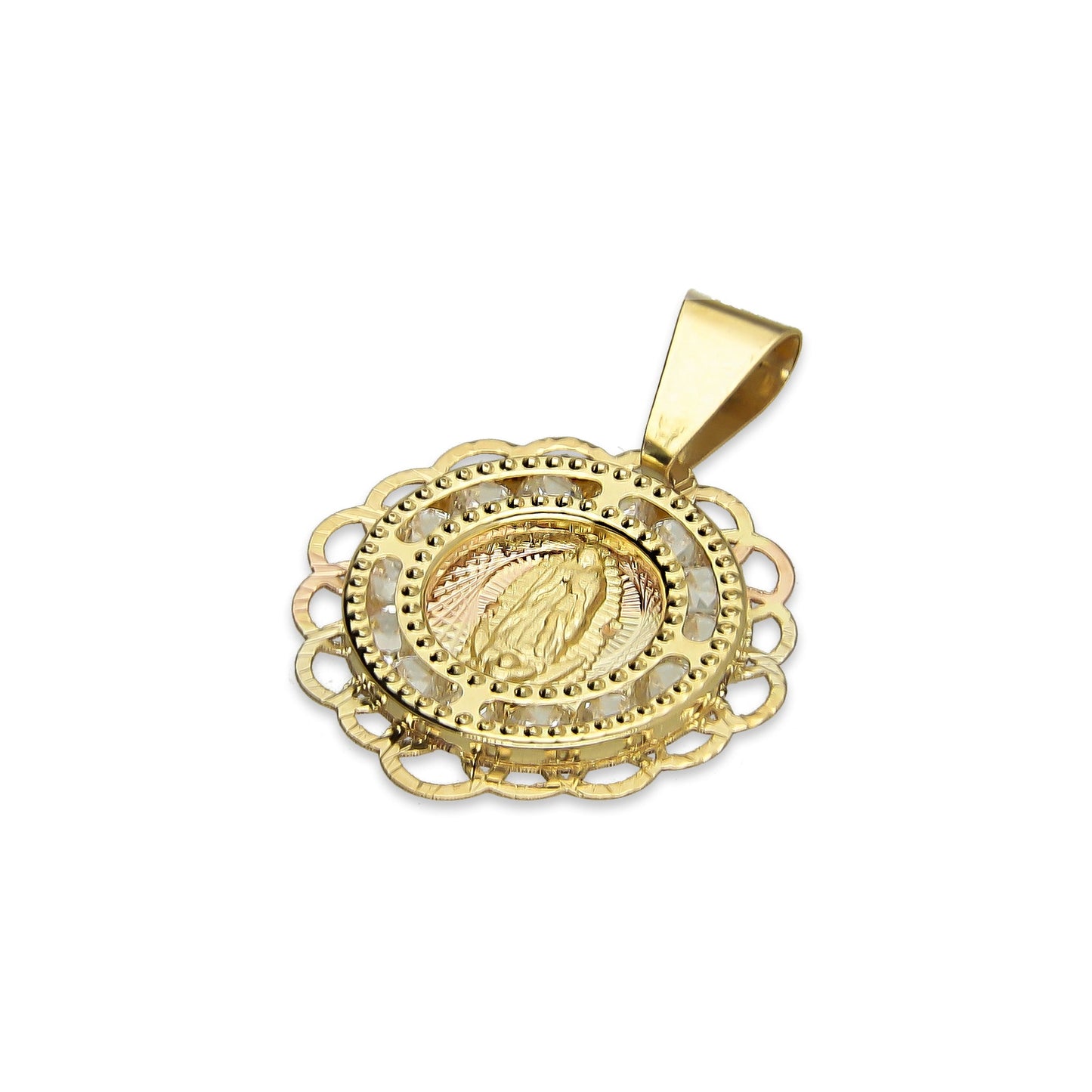 MR14DJ013 Dije Medalla Redonda Oro Sólido 14K Virgen Zirc Perl Olan 1.5 x 1.9 cm