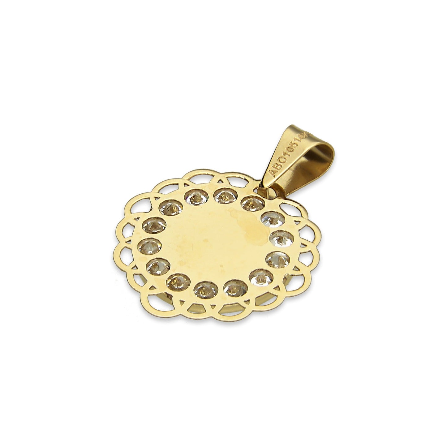 MR14DJ013 Dije Medalla Redonda Oro Sólido 14K Virgen Zirc Perl Olan 1.5 x 1.9 cm