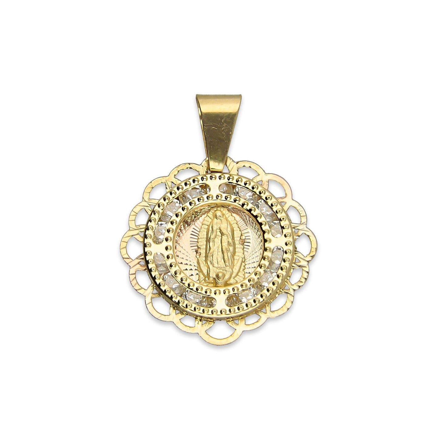 MR14DJ013 Dije Medalla Redonda Oro Sólido 14K Virgen Zirc Perl Olan 1.5 x 1.9 cm
