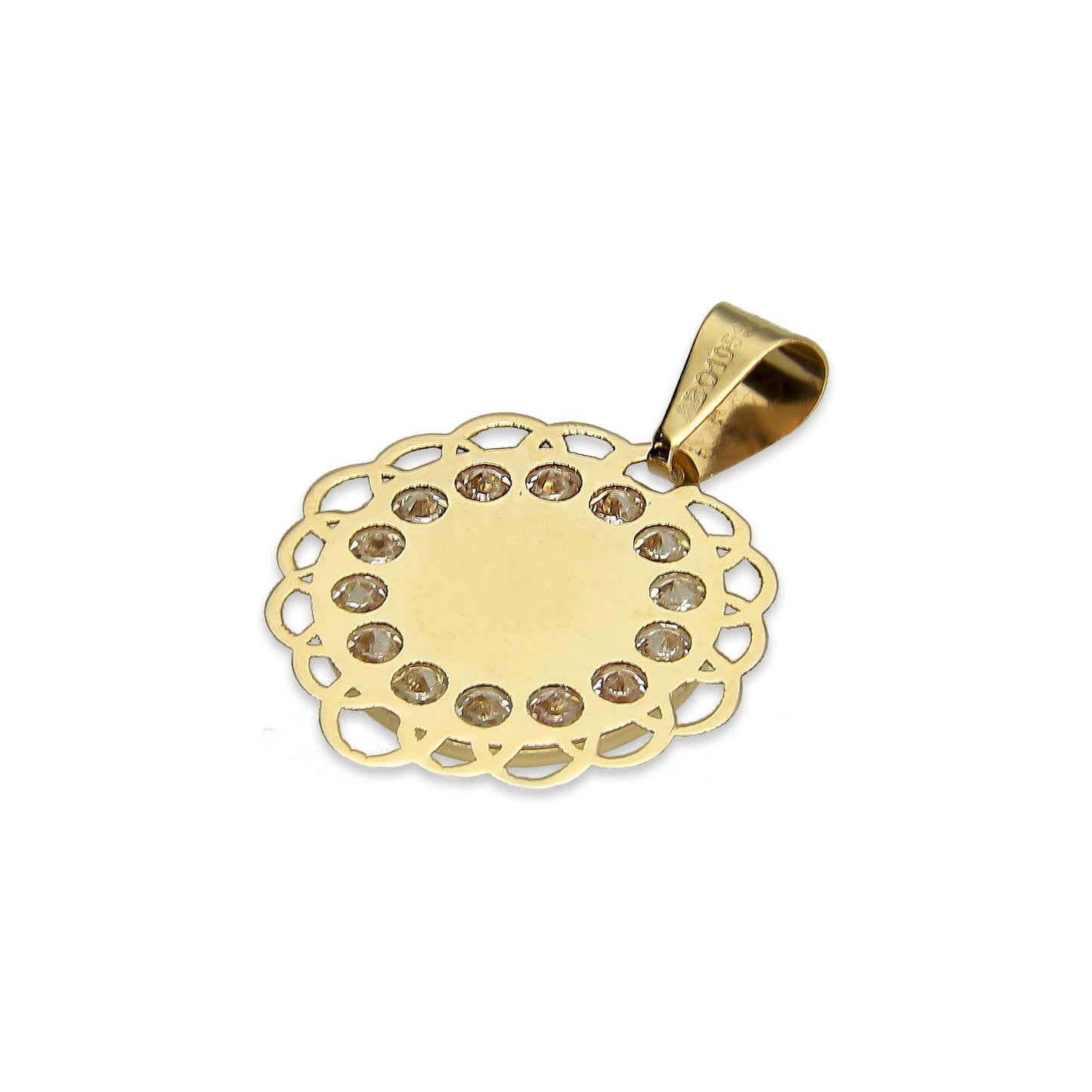 MR14DJ014 Dije Medalla Redonda Oro Sólido 14K Sagrado Corazón Zirc Perl Olan 1.5 x 1.9 cm