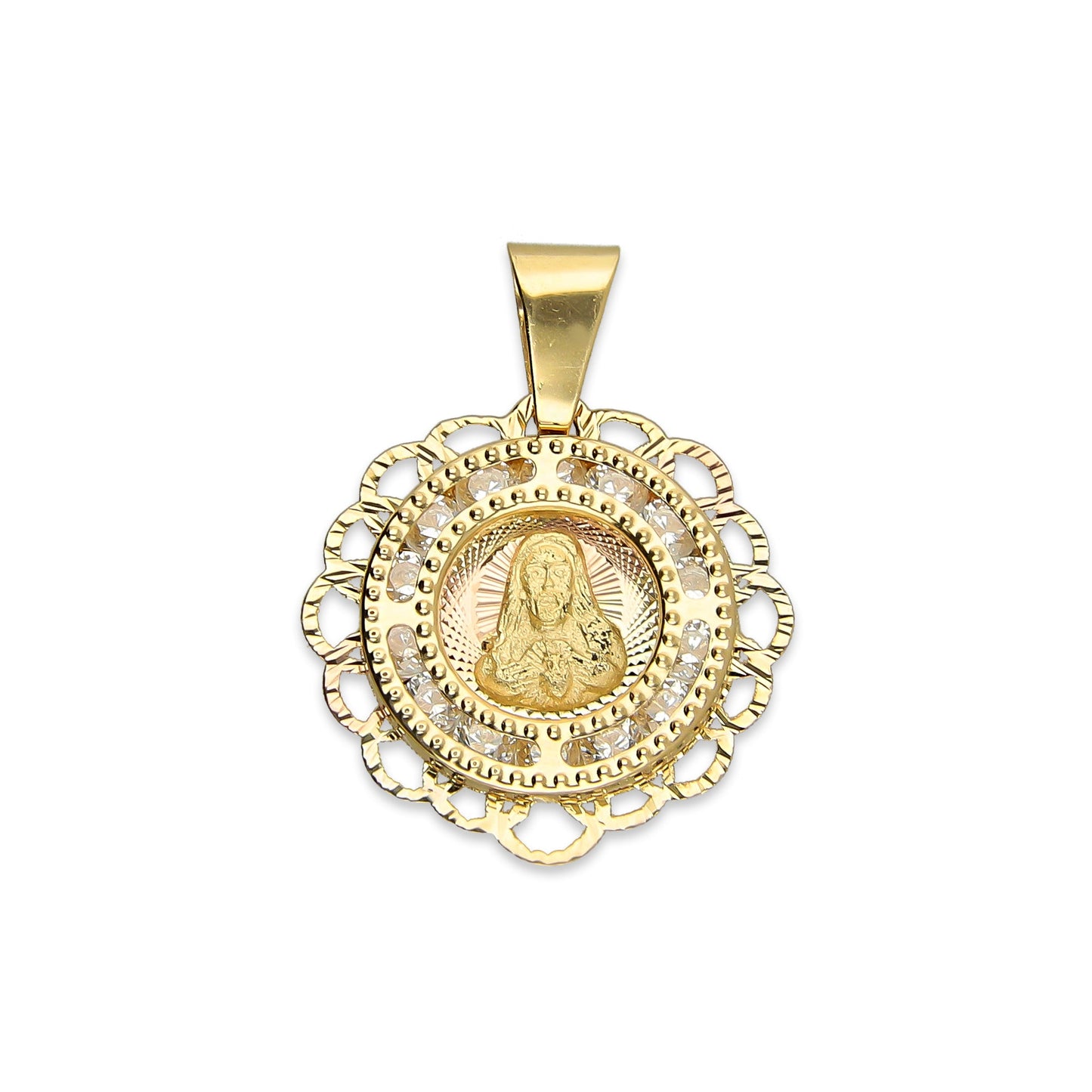 MR14DJ014 Dije Medalla Redonda Oro Sólido 14K Sagrado Corazón Zirc Perl Olan 1.5 x 1.9 cm