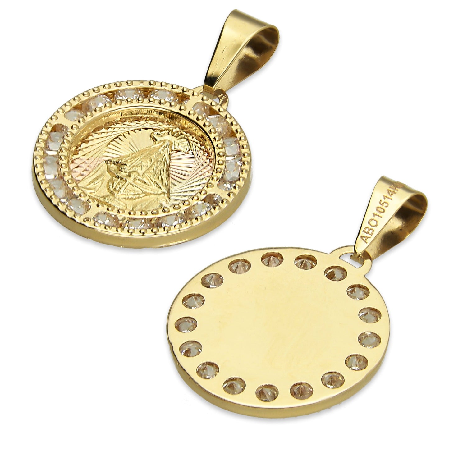 MR14DJ017 Dije Medalla Redonda Oro Sólido 14K Virgen Juquila Zirc Perl 1.5 x 2.3 cm
