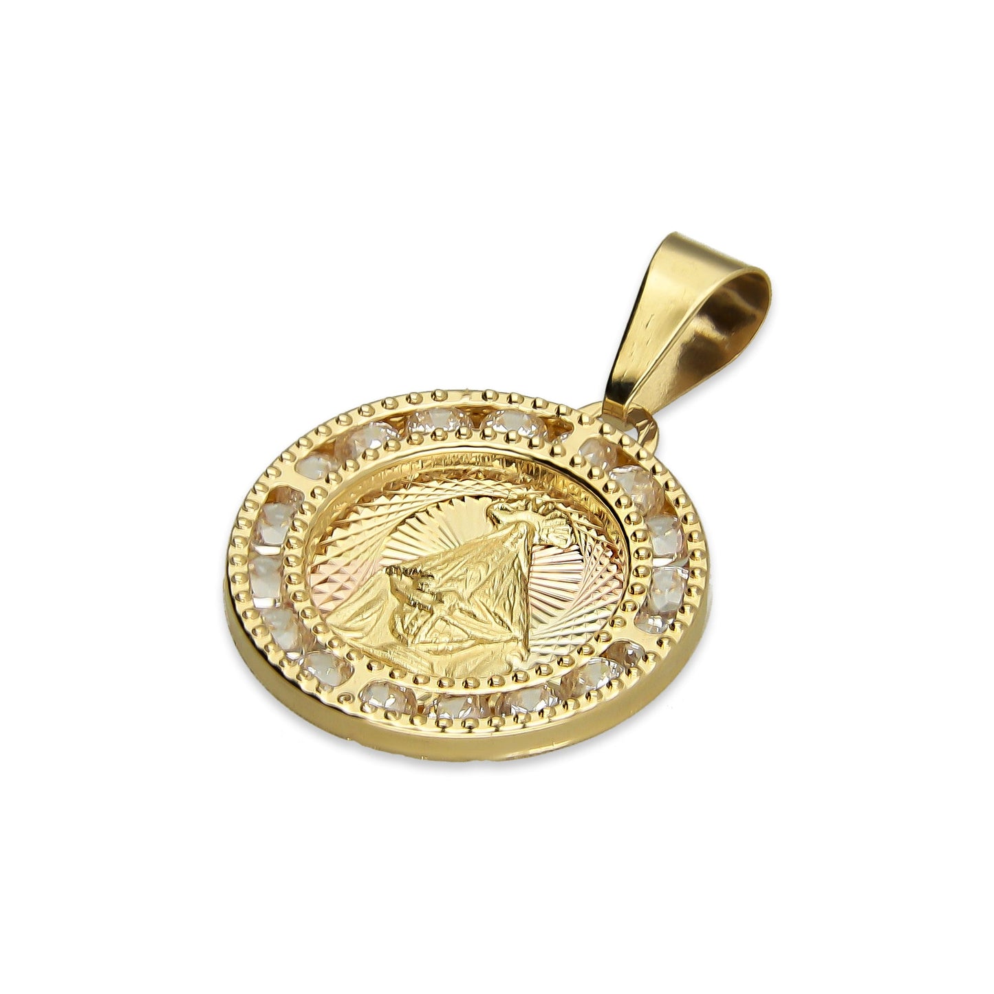 MR14DJ017 Dije Medalla Redonda Oro Sólido 14K Virgen Juquila Zirc Perl 1.5 x 2.3 cm
