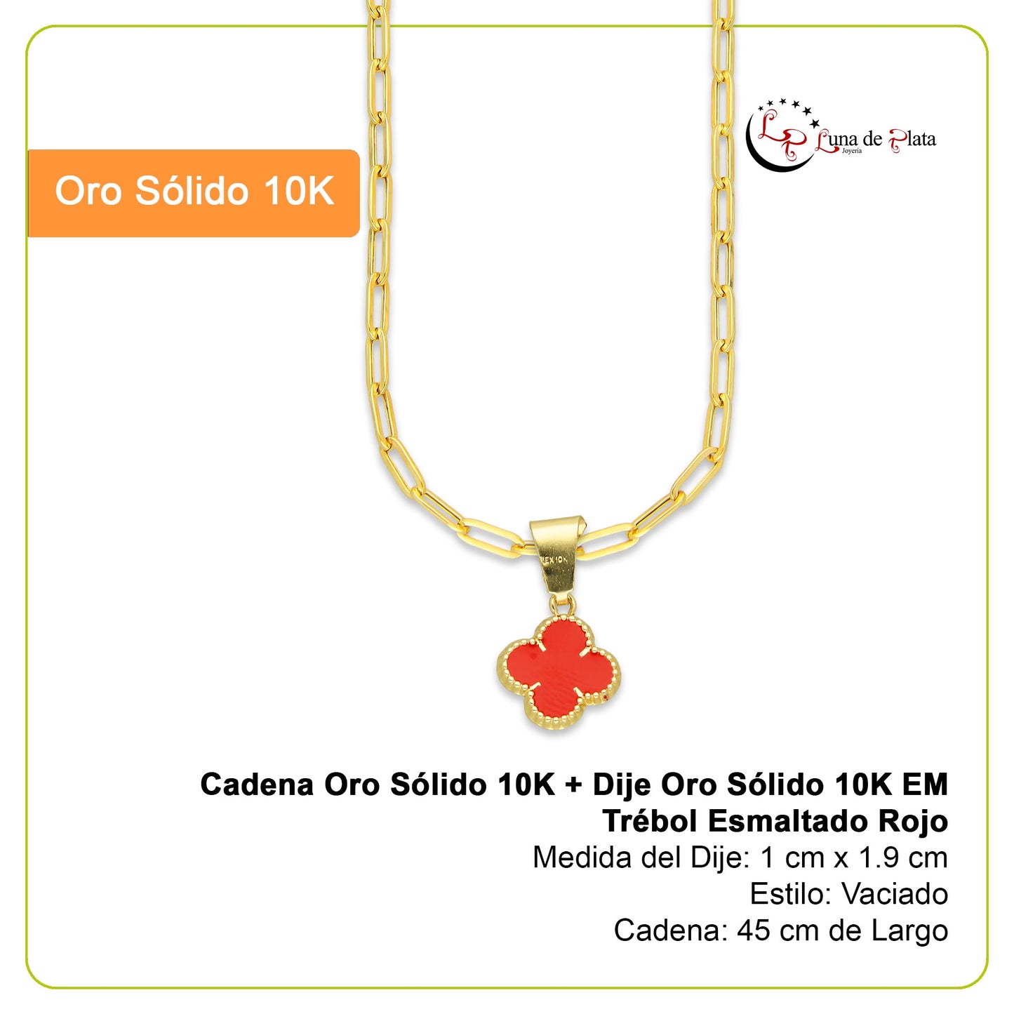 MR10DP106 Cadena Oro Sólido 10K + Dije Oro Sólido 10K EM Trébol Esmaltado Rojo 1 cm x 1.9 cm