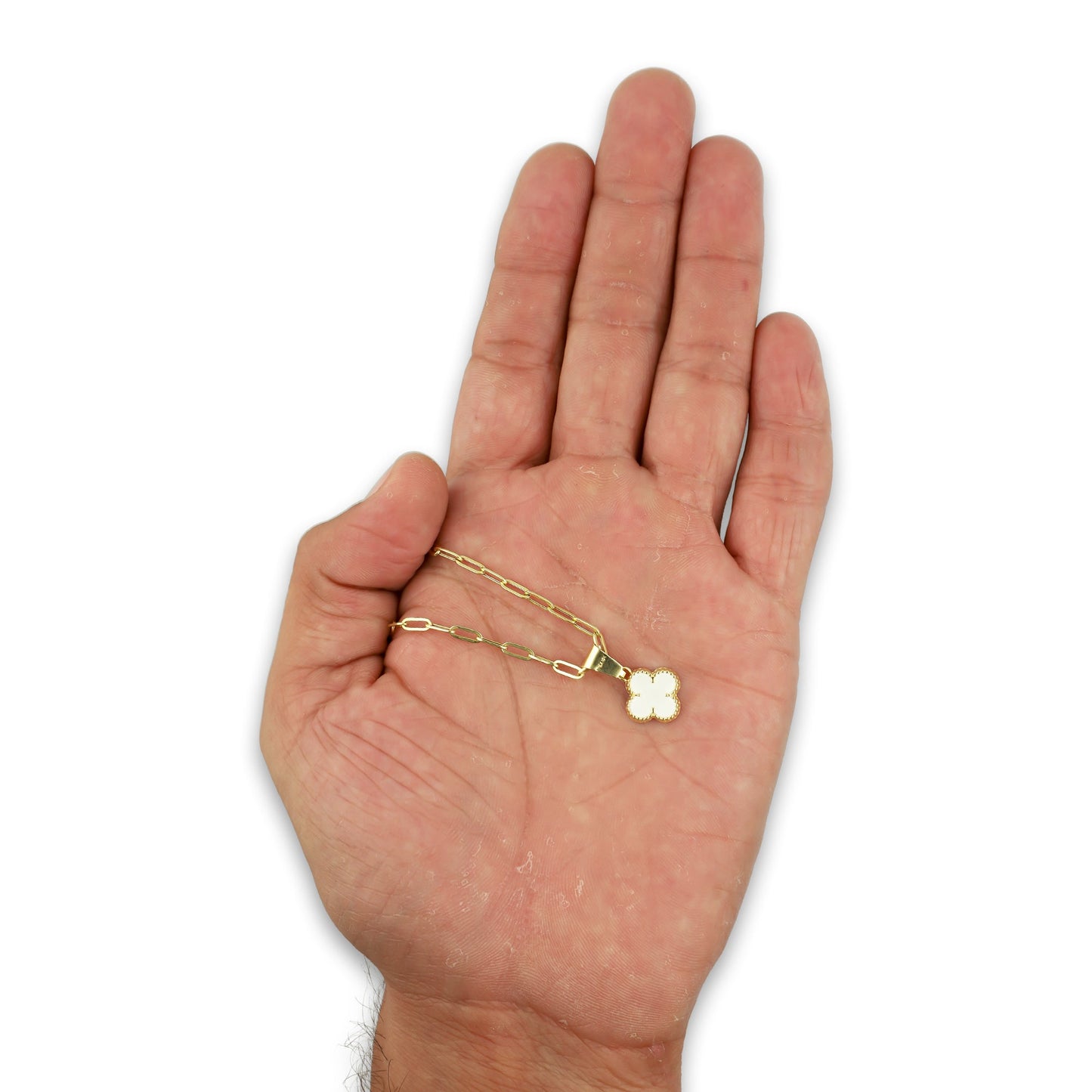 MR10DP107 Cadena Oro Sólido 10K + Dije Oro Sólido 10K EM Trébol Esmaltado Blanco 1 cm x 1.9 cm