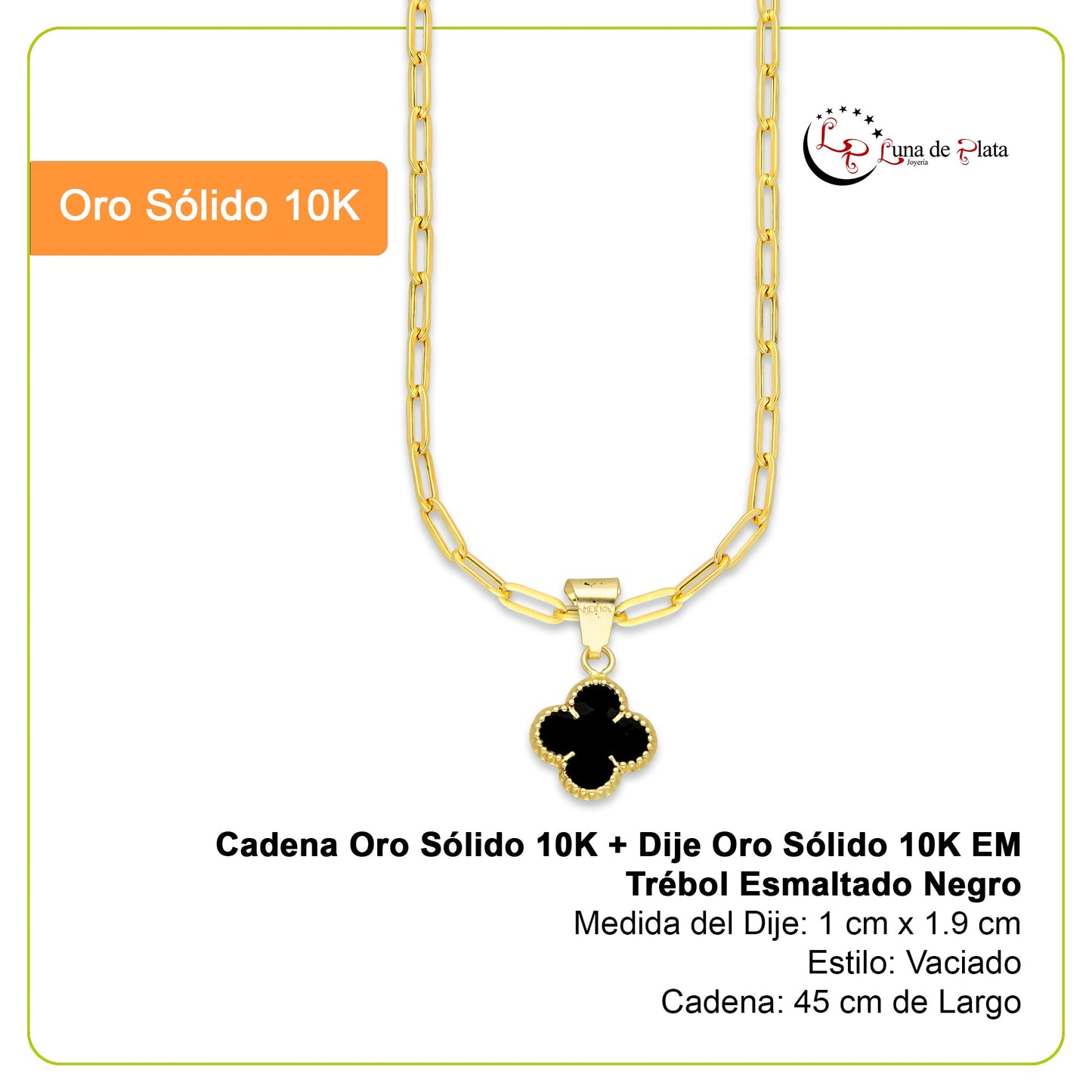 MR10DP108 Cadena Oro Sólido 10K + Dije Oro Sólido 10K EM Trébol Esmaltado Negro 1 cm x 1.9 cm