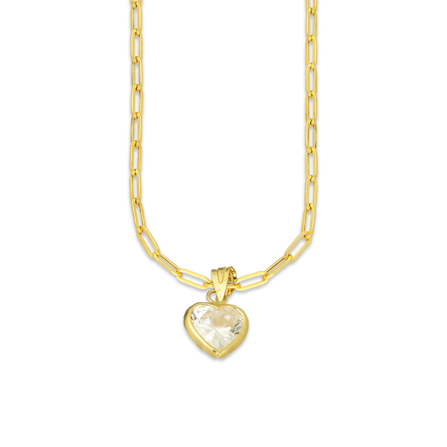 MR10DP109 Cadena Oro Sólido 10K + Dije Oro Sólido 10K EM Corazón con Bisel Liso Blanco 9 mm x 1.6 cm