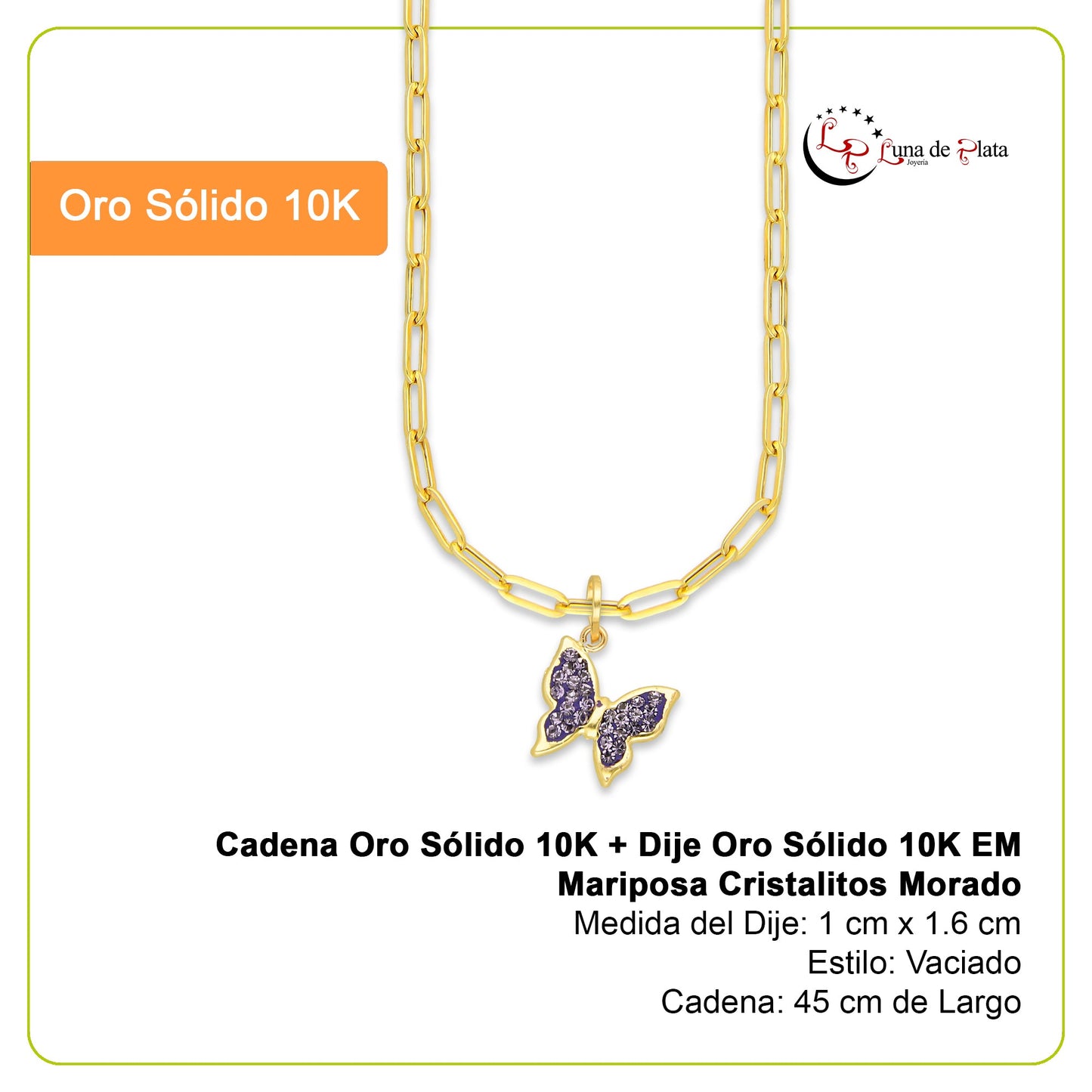 MR10DP112 Cadena Oro Sólido 10K + Dije Oro Sólido 10K EM Mariposa Cristalitos Morado 1 cm x 1.6 cm