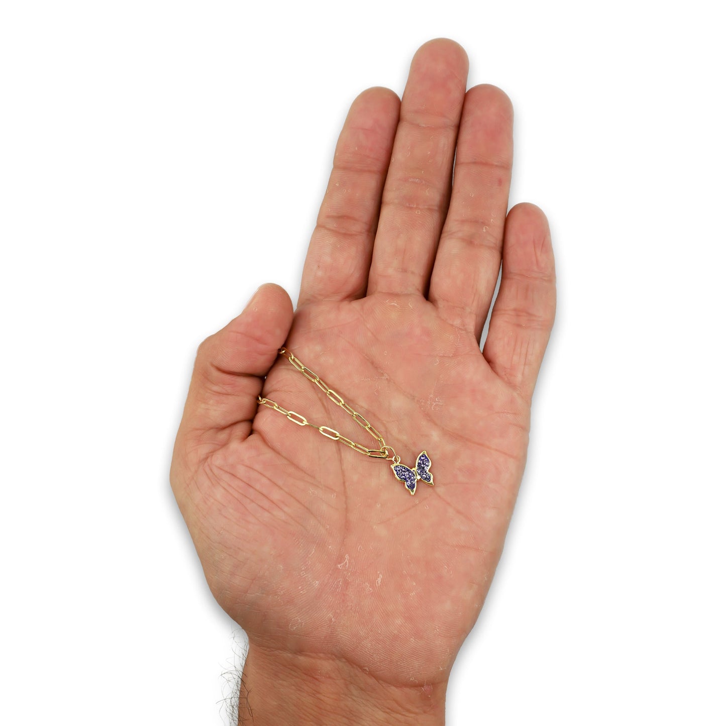 MR10DP112 Cadena Oro Sólido 10K + Dije Oro Sólido 10K EM Mariposa Cristalitos Morado 1 cm x 1.6 cm