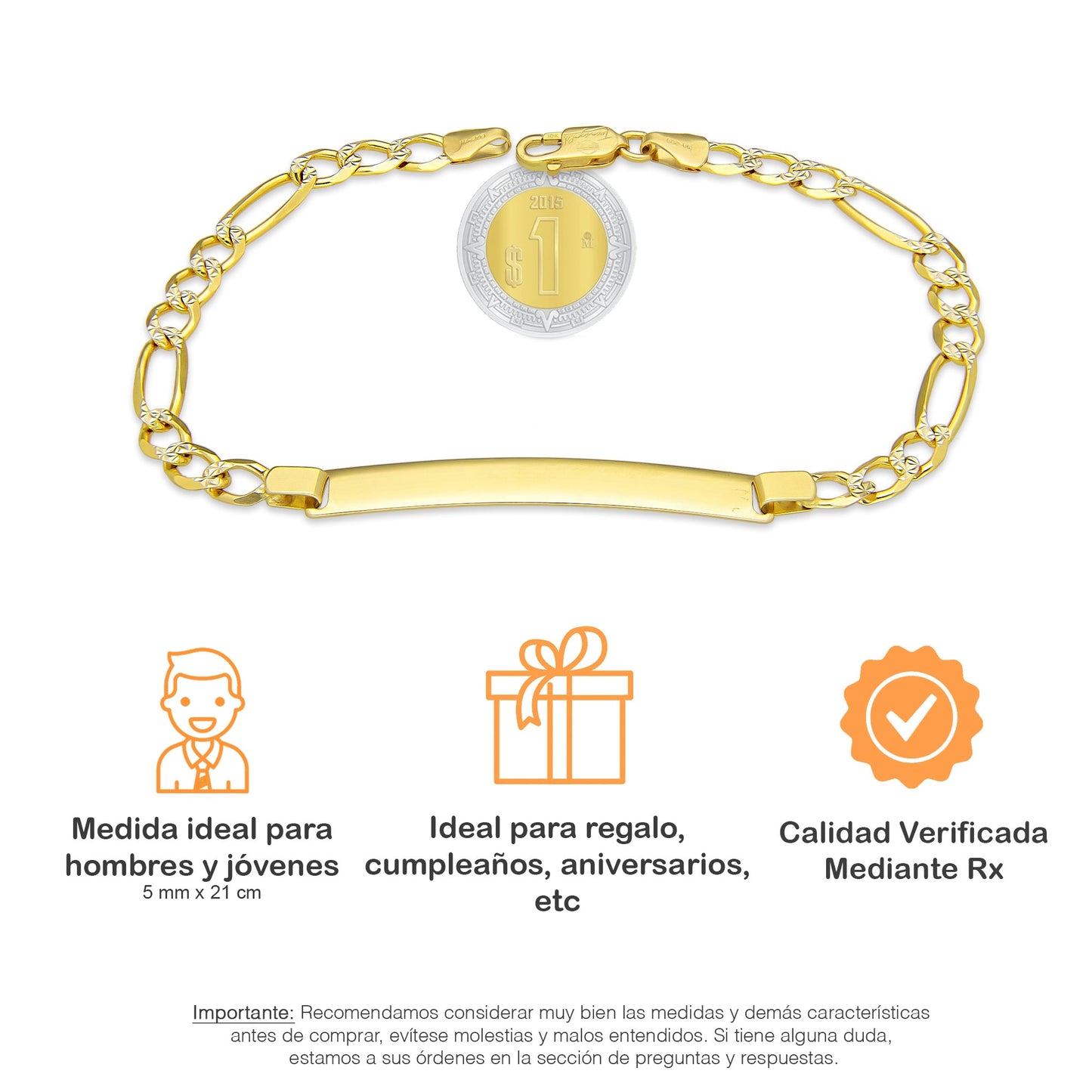 MR10PC051 Pulsera Esclava Caballero Oro Sólido 10K Mod Figaro 3*1 Diamantada 5 mm x 21 cm