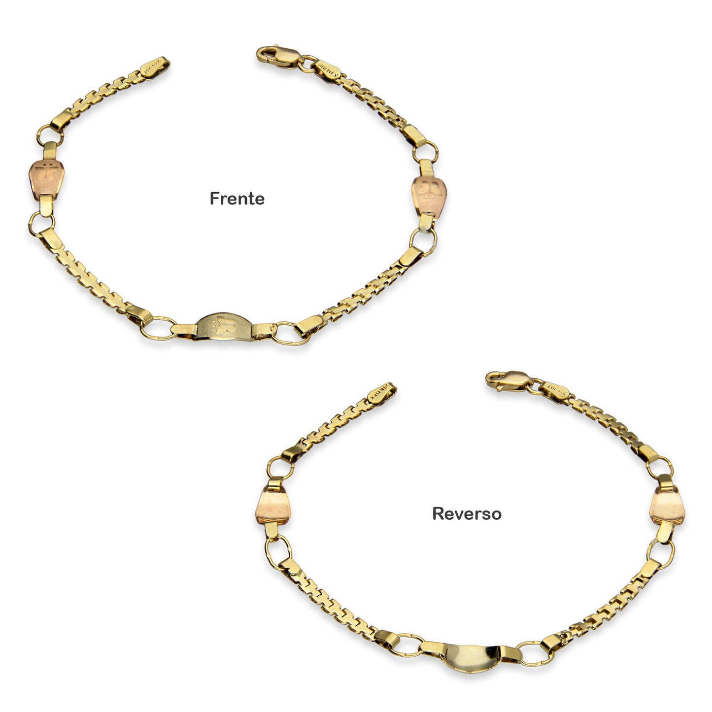 MR14PD006 Pulsera Dama Oro 14K Florentino Bombeada 3 Plaquitas Figuras Varias 5 Mm x 18 Cm
