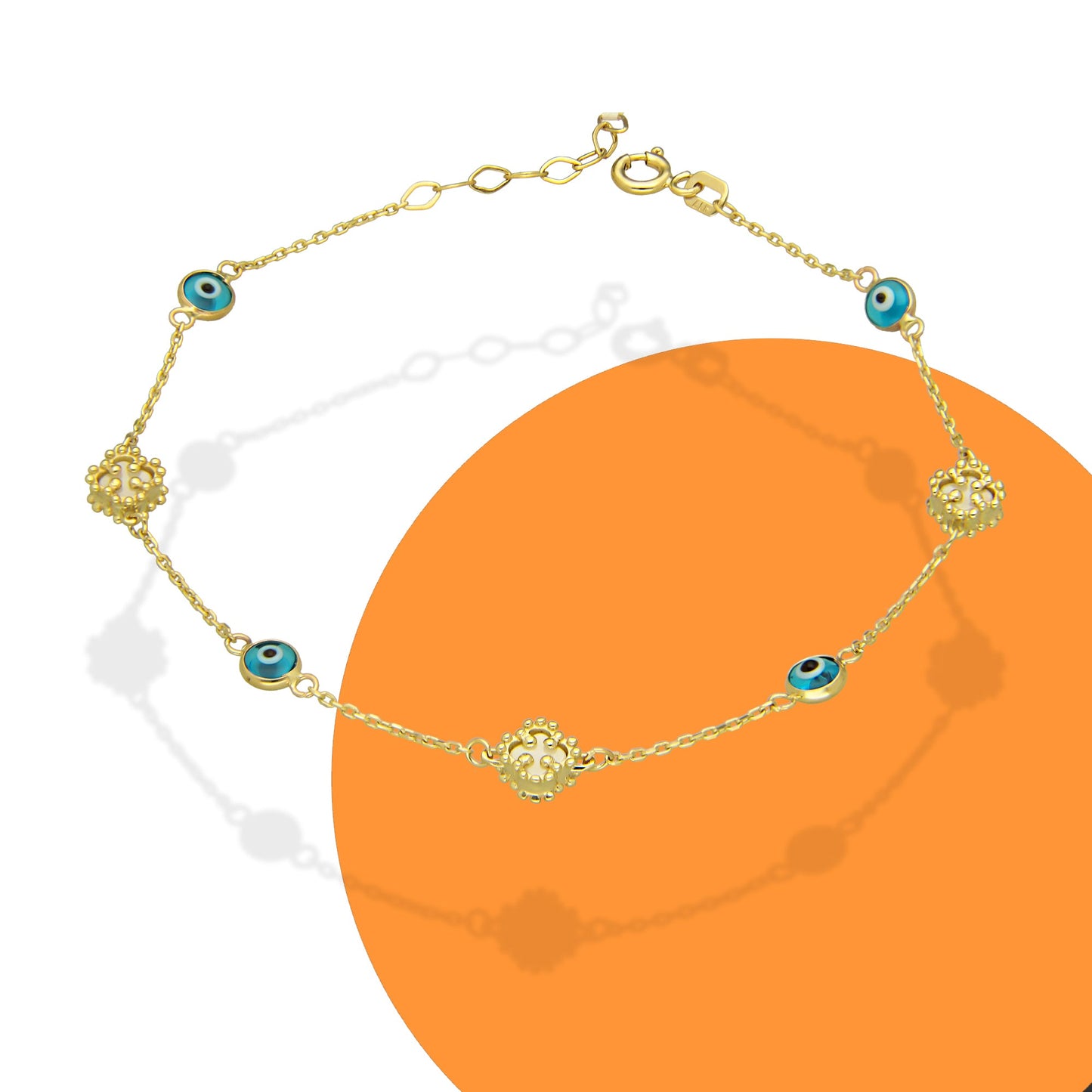 MR10PD035 Pulsera Dama Oro Sólido 10K EMF10 Modelo Ojitos Turcos Azul y Trébol 4.5 mm Ajustable 18 a 20 cm