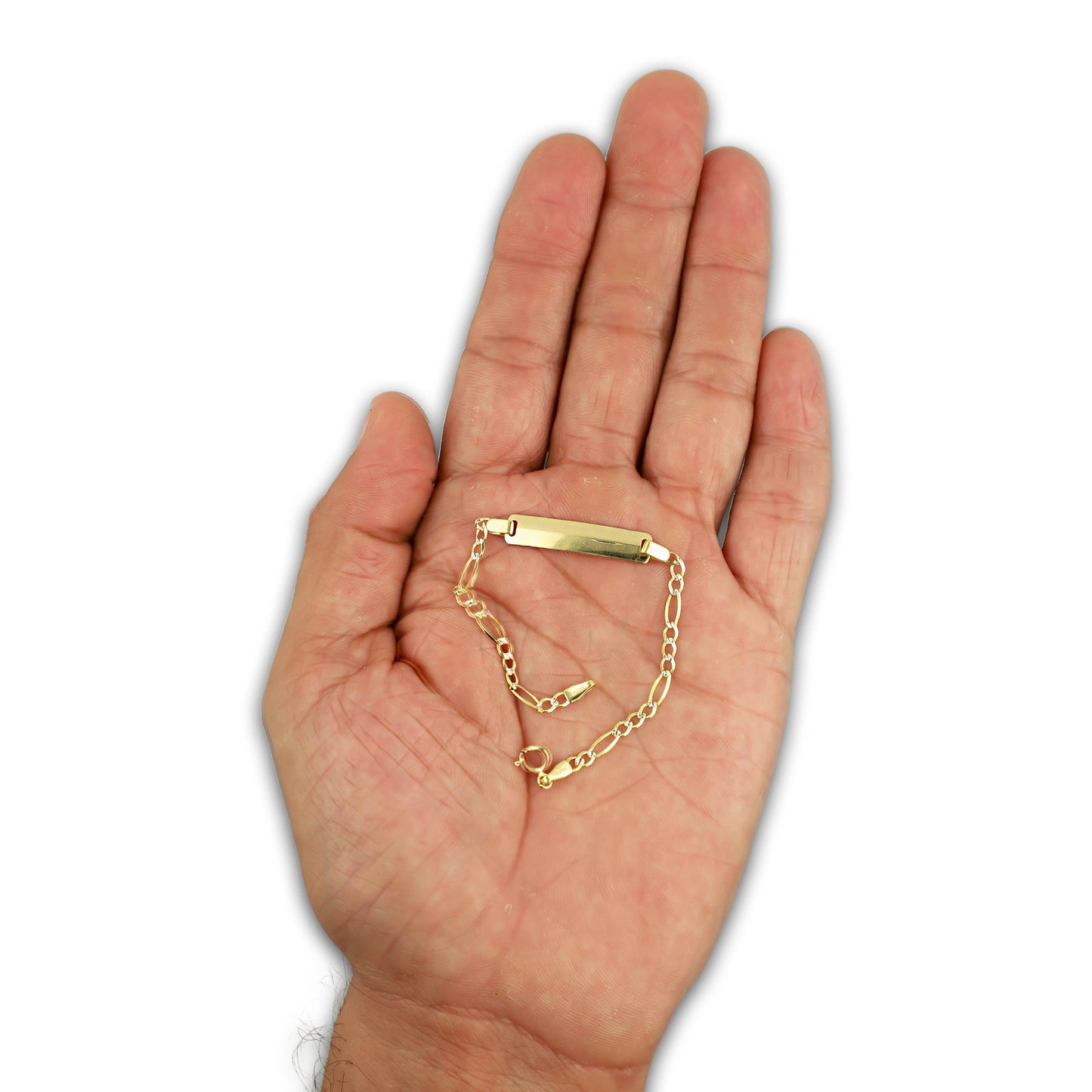 MR10PN004 Pulsera Esclava NIños Oro Sólido 10K Modelo Fígaro 3x1 Diamantada 2.5 mm x 14 cm