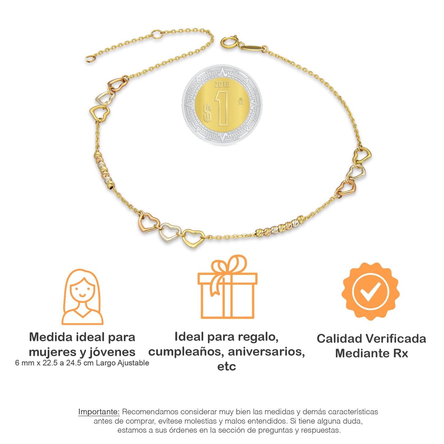 MR10TB011 Pulsera Tobillera Dama Oro Sólido 10K Mod Triada Corazones y Bolitas Diamantadas 6 mm Largo Ajustable 22.5 a 24.5 cm