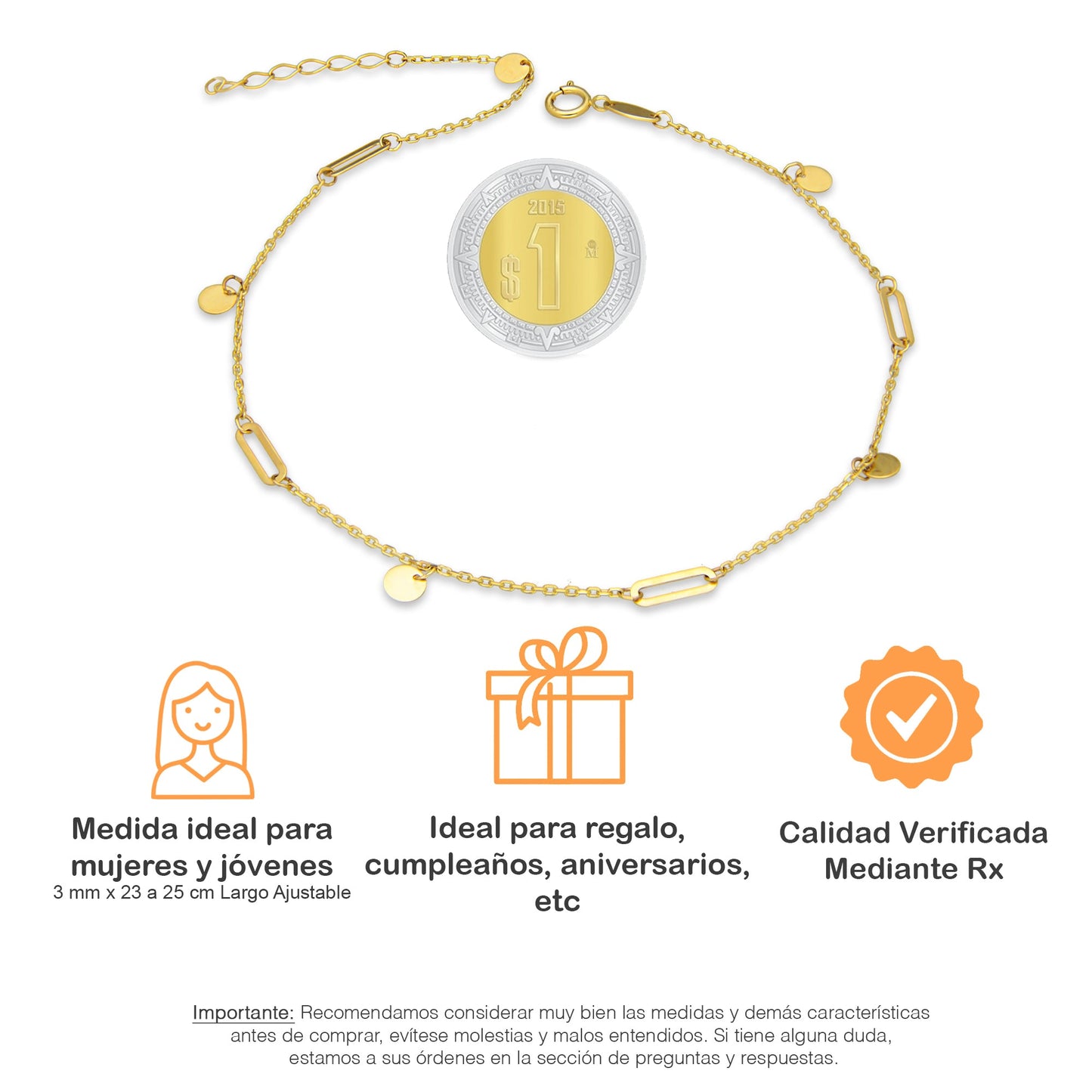 MR10TB014 Pulsera Tobillera Dama Oro Sólido 10K Mod Circulitos Colgantes Lisos 3 mm Largo Ajustable 23 a 25 cm