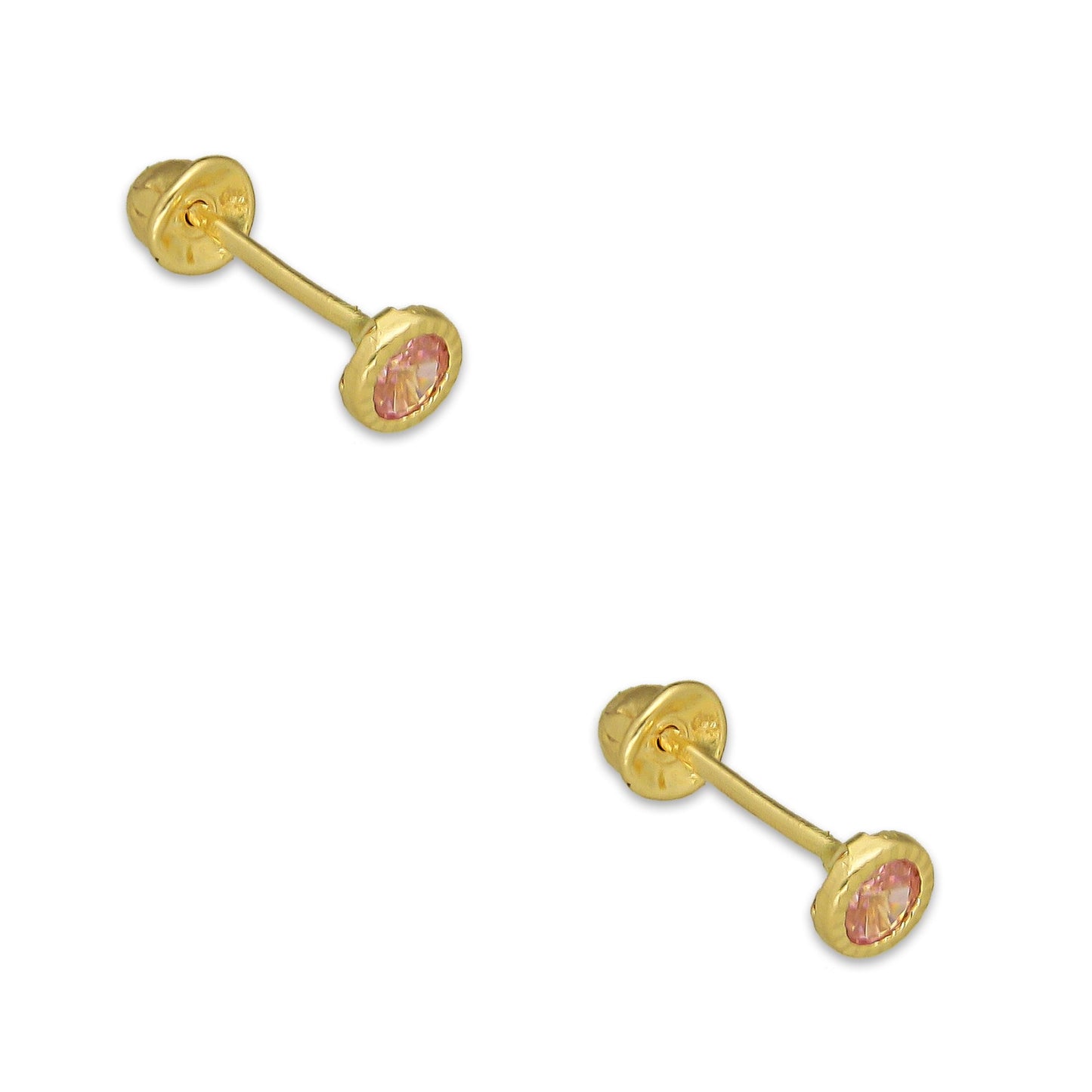MR14AB002 Arete Broquel Oro Sólido 14K Modelo Zirconia Rosa Redonda con Bisel Diamantado 3 mm de Diámetro