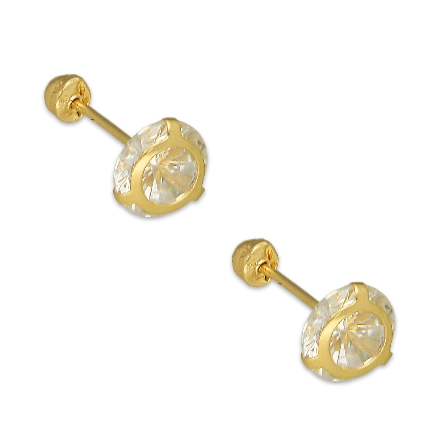 MR14AB013 Arete Broquel Oro Sólido 14K Modelo Zirconia Redonda con Base Lisa 6 mm de Diámetro