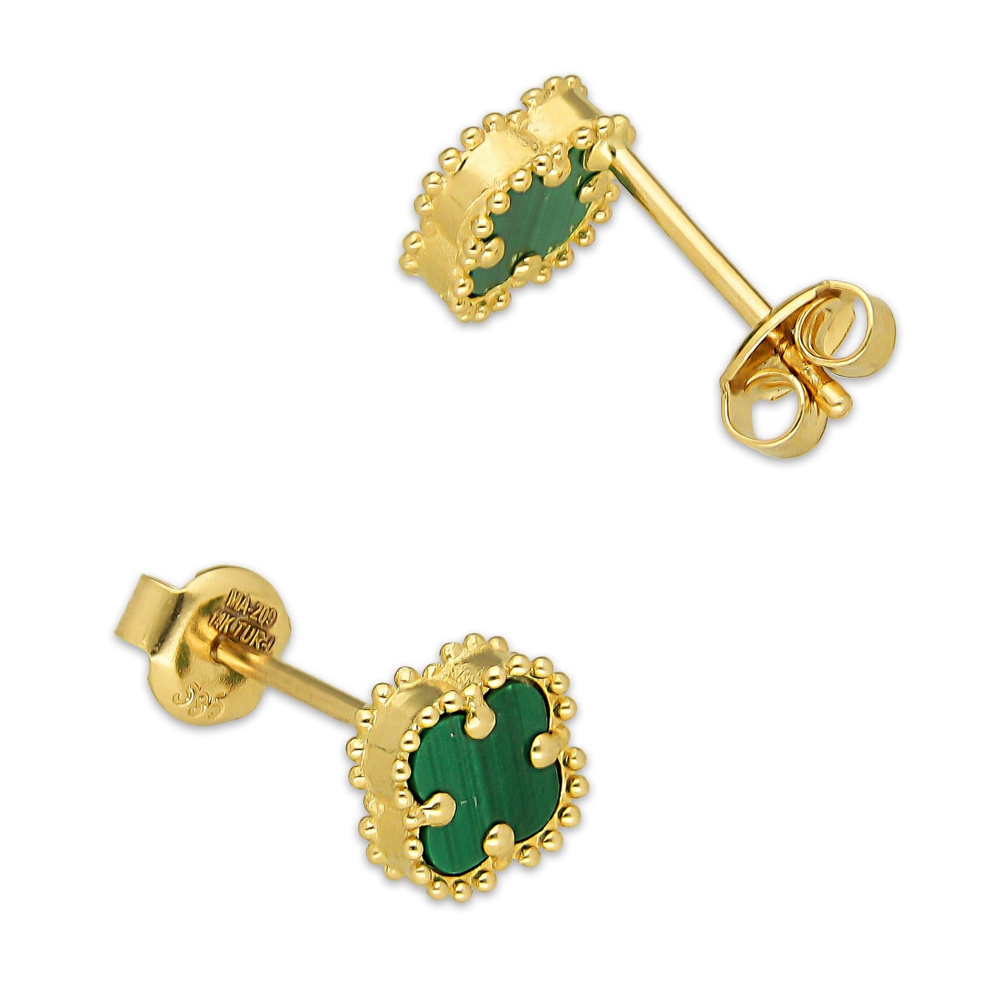 MR14AB016 Arete Broquel Oro Sólido 14K Modelo Trébol 8 mm Verde Diámetro 1.3 cm
