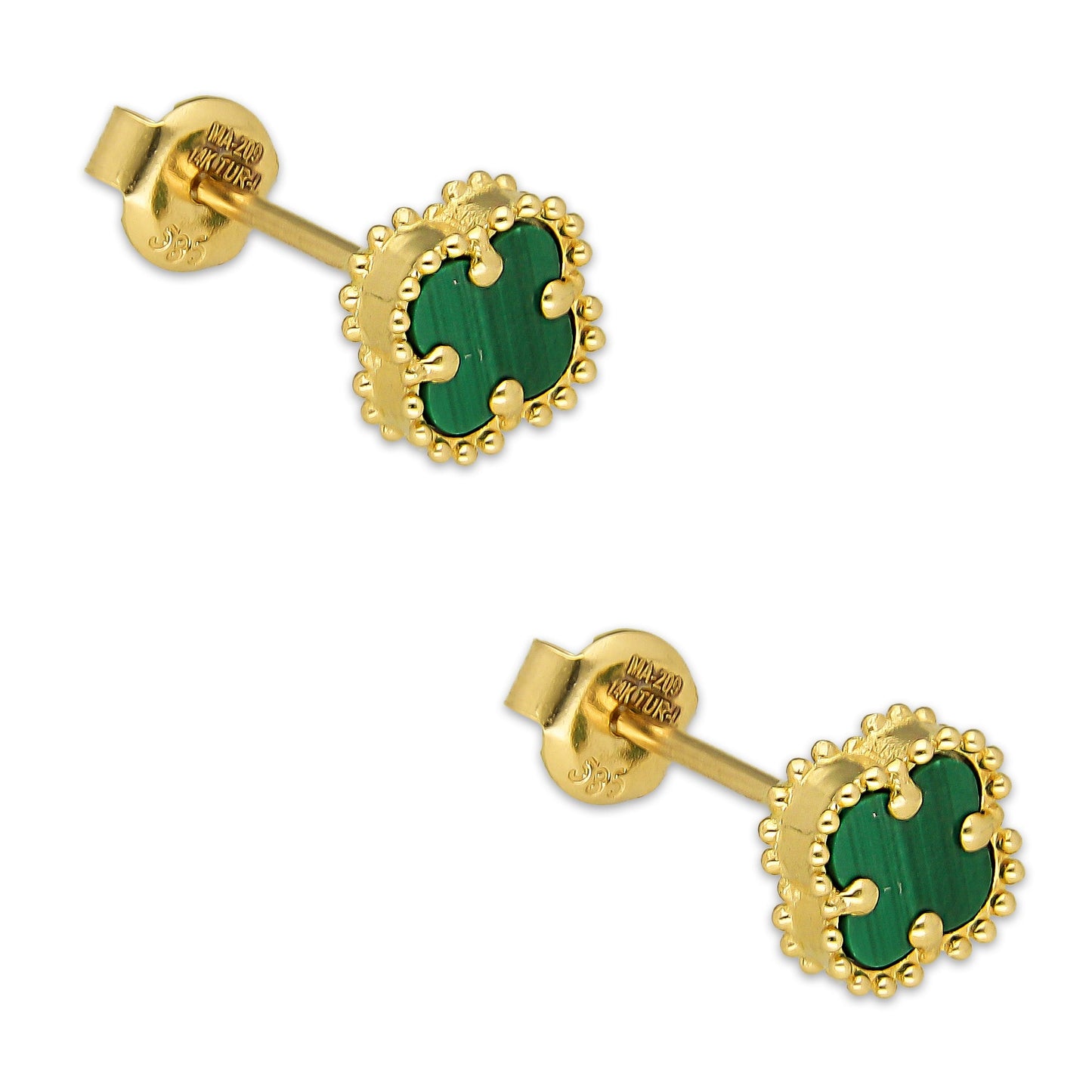 MR14AB016 Arete Broquel Oro Sólido 14K Modelo Trébol 8 mm Verde Diámetro 1.3 cm
