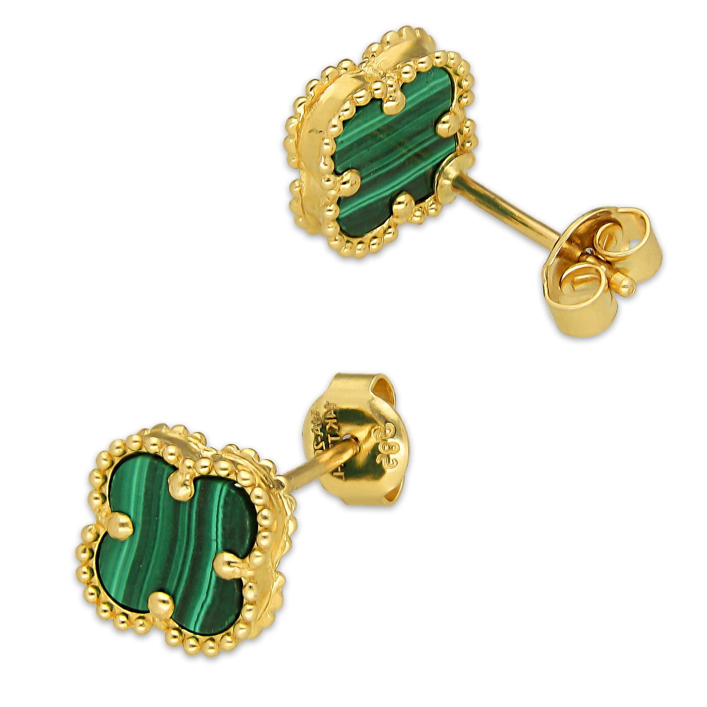 MR14AB017 Arete Broquel Oro Sólido 14K Modelo Trébol 1 cm Verde Diámetro 1.4 cm