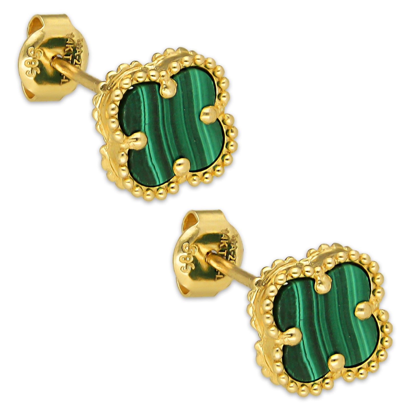 MR14AB017 Arete Broquel Oro Sólido 14K Modelo Trébol 1 cm Verde Diámetro 1.4 cm