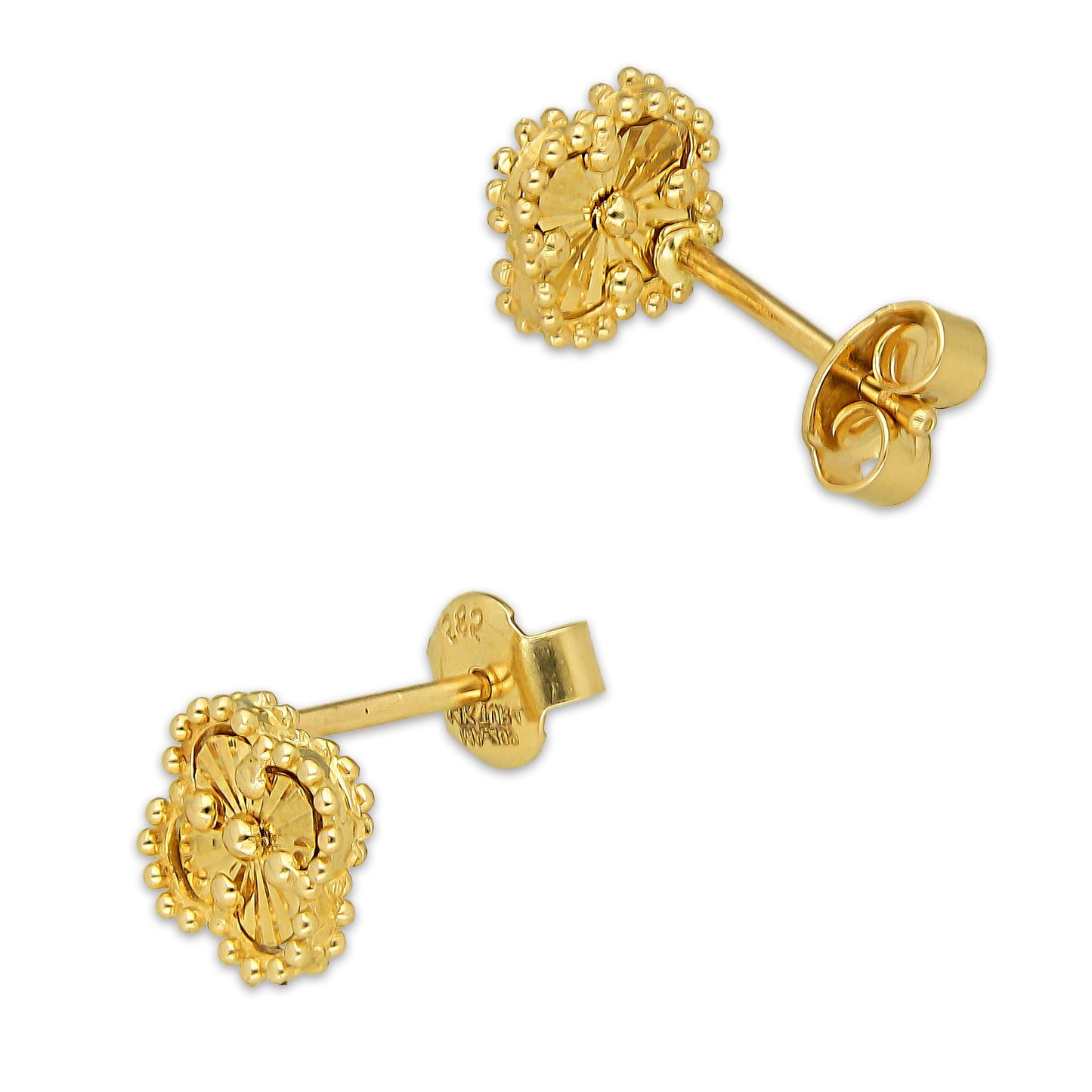 MR14AB018 Arete Broquel Oro Sólido 14K Modelo Trébol 8 mm Dorado Diámetro 1.3 cm