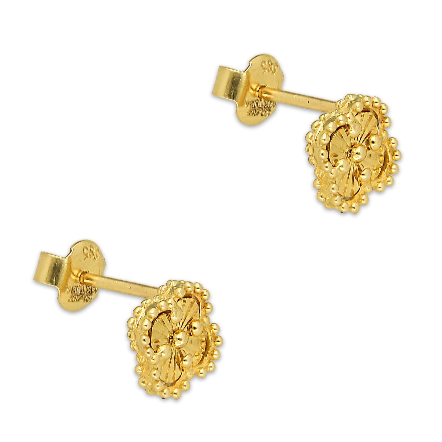 MR14AB018 Arete Broquel Oro Sólido 14K Modelo Trébol 8 mm Dorado Diámetro 1.3 cm