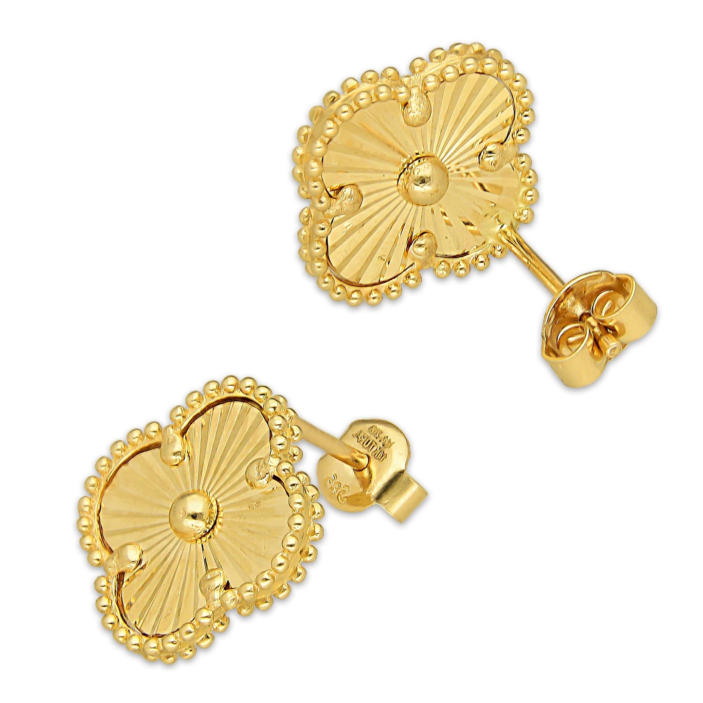 MR14AB019 Arete Broquel Oro Sólido 14K Modelo Trébol 1.4 cm Dorado Diámetro 1.4 cm