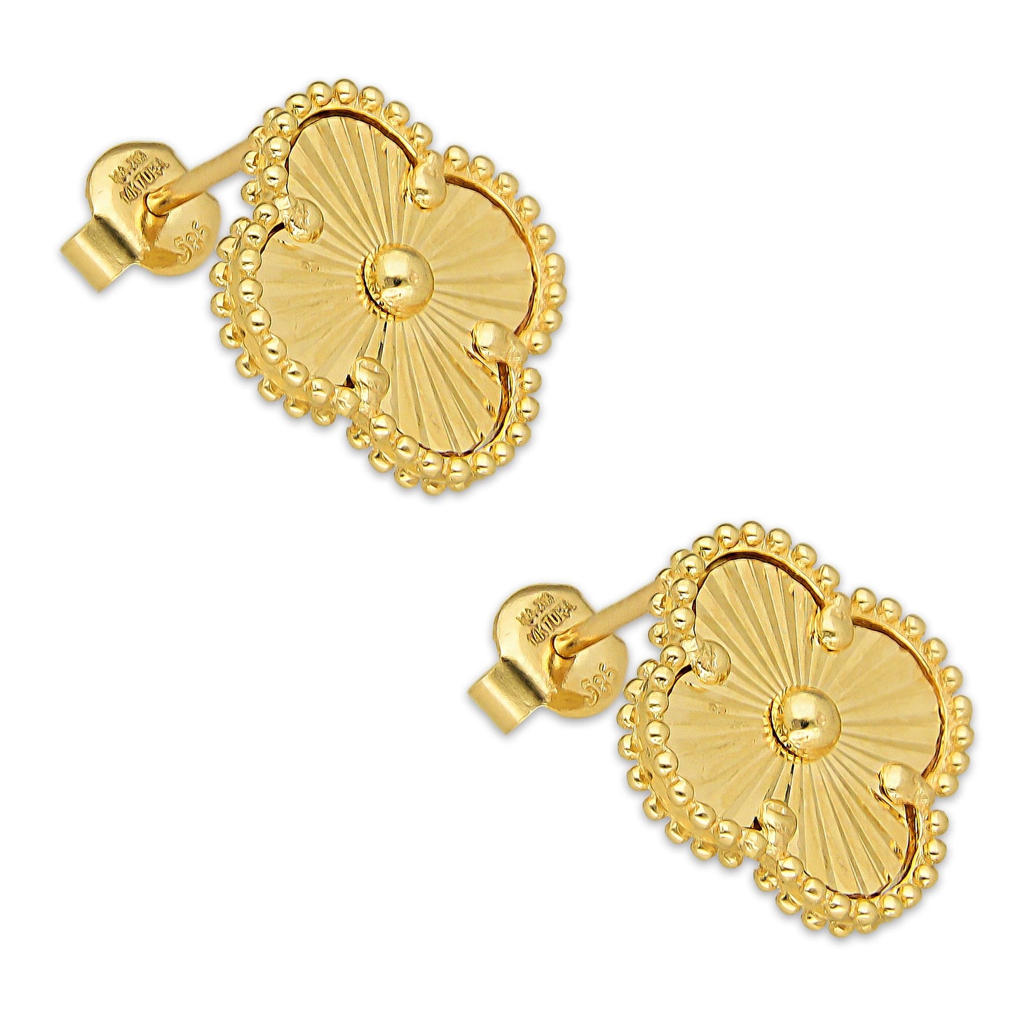 MR14AB019 Arete Broquel Oro Sólido 14K Modelo Trébol 1.4 cm Dorado Diámetro 1.4 cm