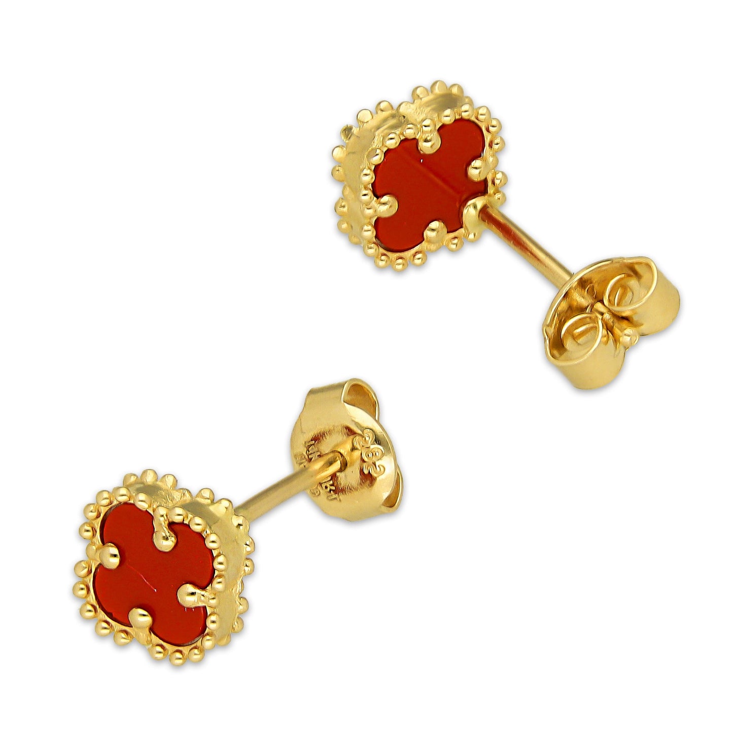 MR14AB020 Arete Broquel Oro Sólido 14K Modelo Trébol 8 mm Rojo Diámetro 1.3 cm