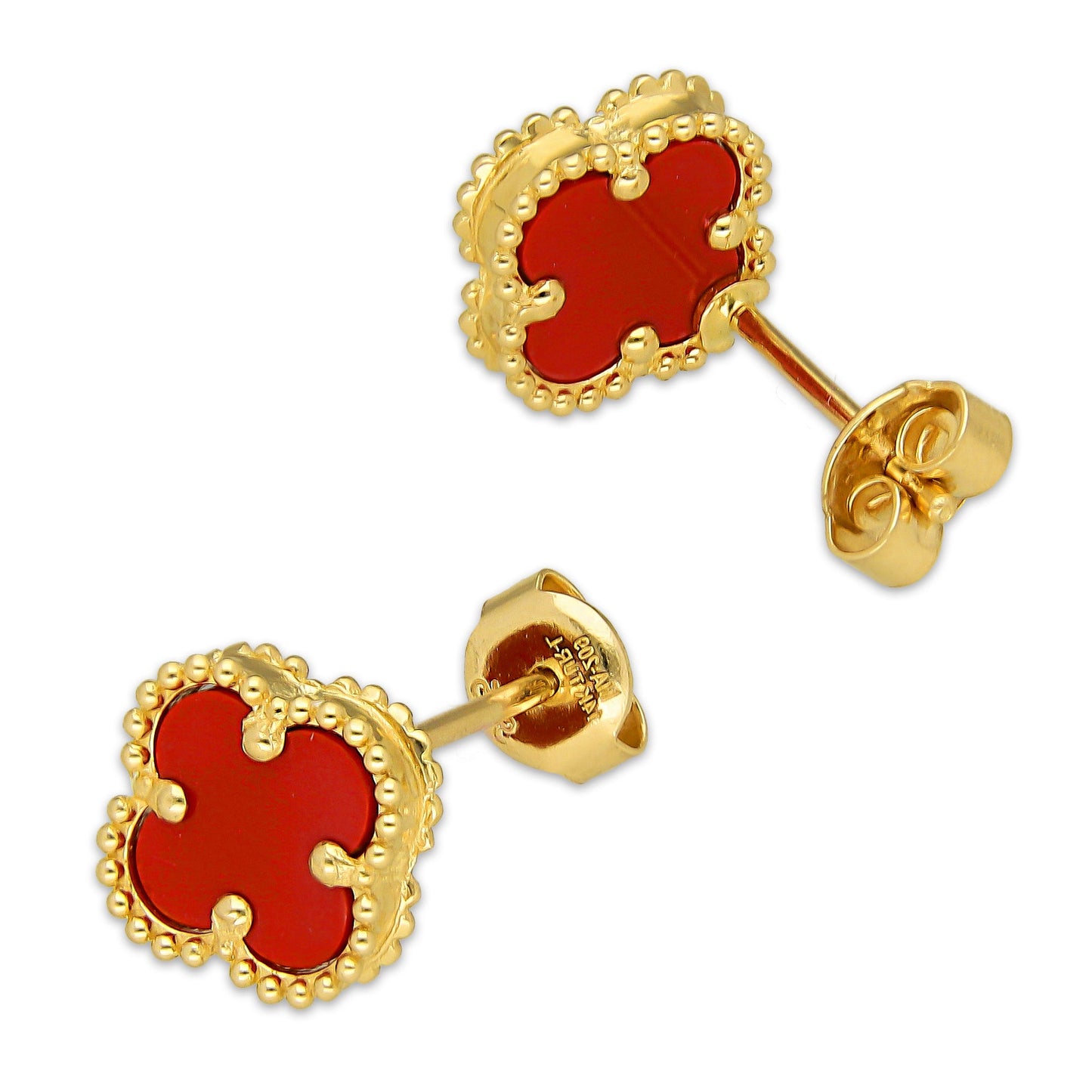 MR14AB021 Arete Broquel Oro Sólido 14K Modelo Trébol 1 cm Rojo Diámetro 1.4 cm