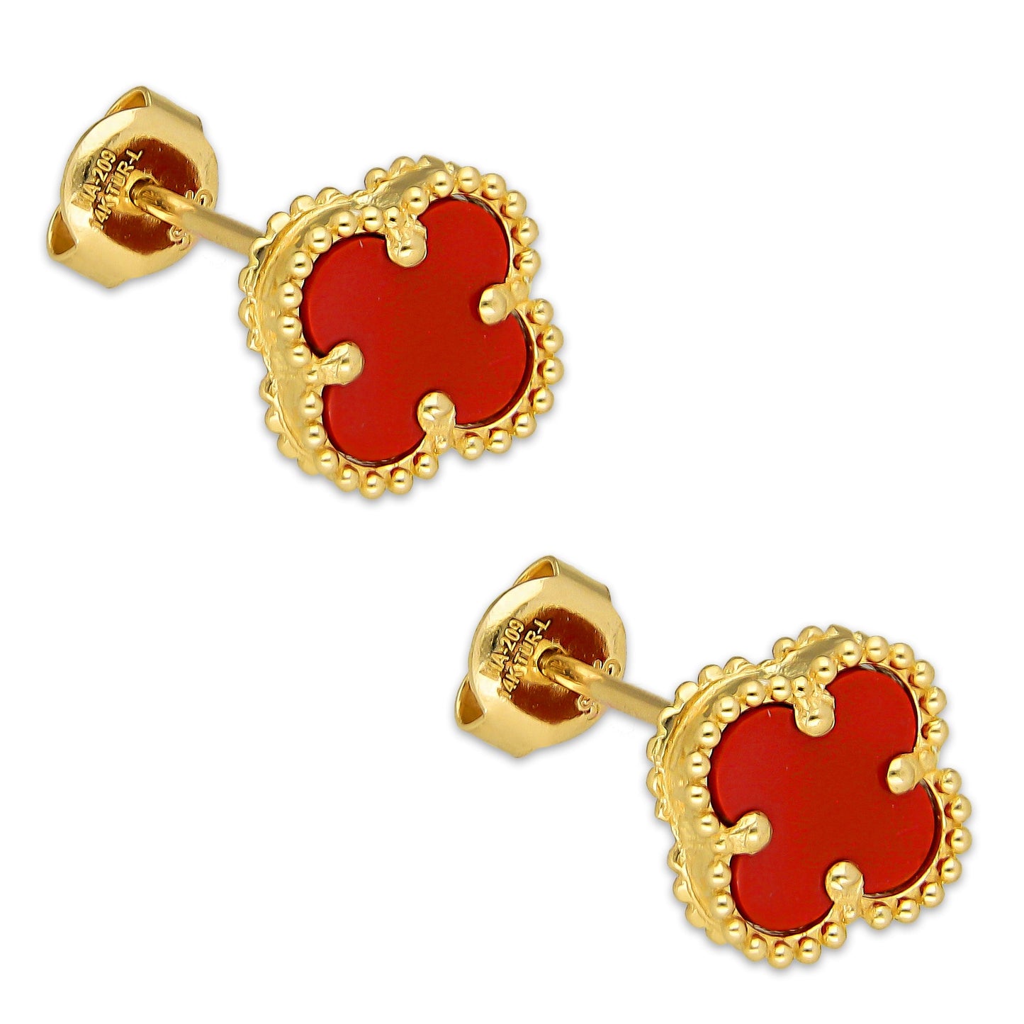 MR14AB021 Arete Broquel Oro Sólido 14K Modelo Trébol 1 cm Rojo Diámetro 1.4 cm