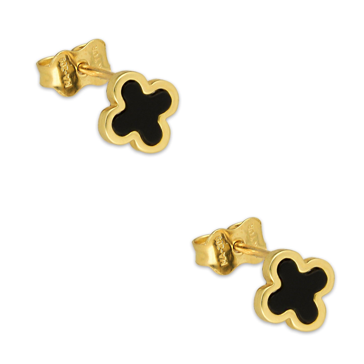 MR14AB022 Arete Broquel Oro Sólido 14K Modelo Trébol 7 mm Negro Diámetro 1.2 cm
