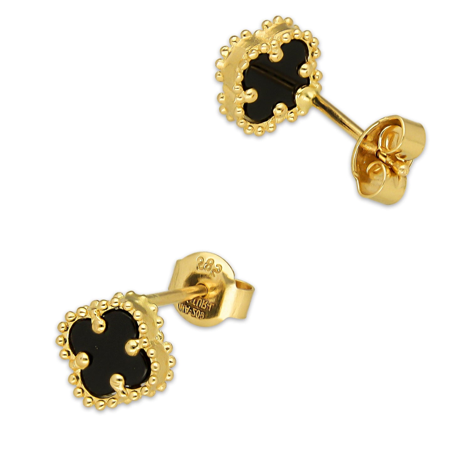 MR14AB023 Arete Broquel Oro Sólido 14K Modelo Trébol 8 mm Negro Diámetro 1.3 cm