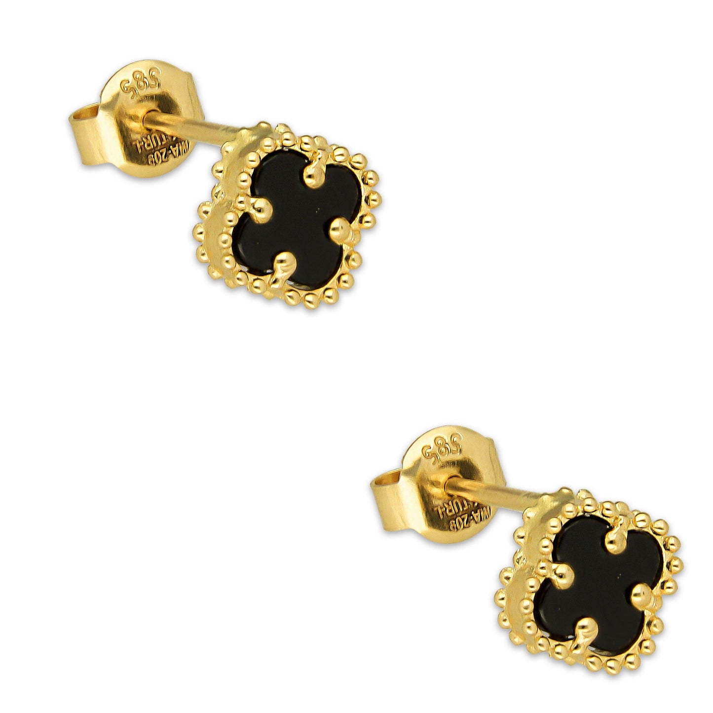 MR14AB023 Arete Broquel Oro Sólido 14K Modelo Trébol 8 mm Negro Diámetro 1.3 cm