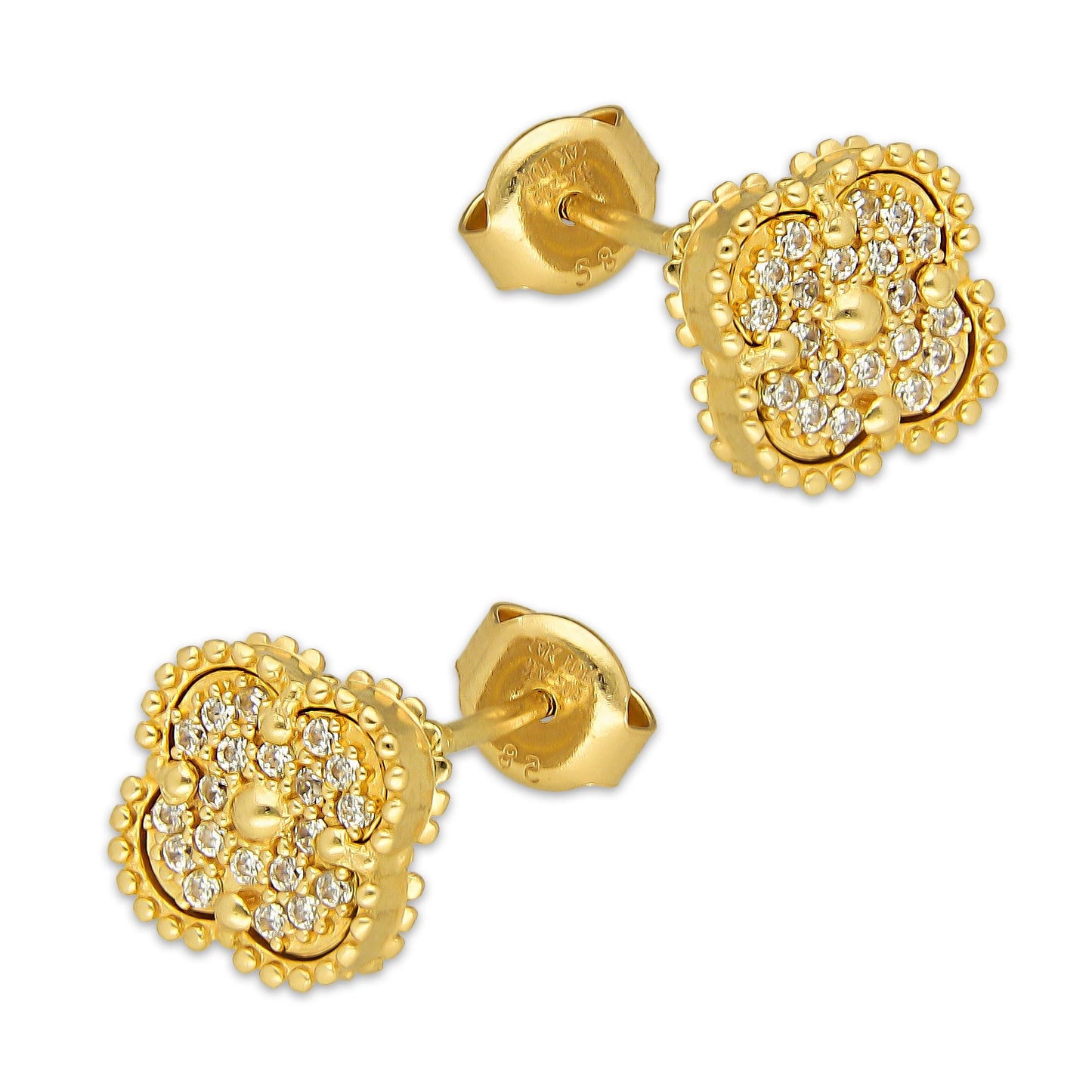 MR14AB024 Arete Broquel Oro Sólido 14K EMF14 Modelo Trébol 8 mm Dorado con Zirconias Diámetro 1.3 cm
