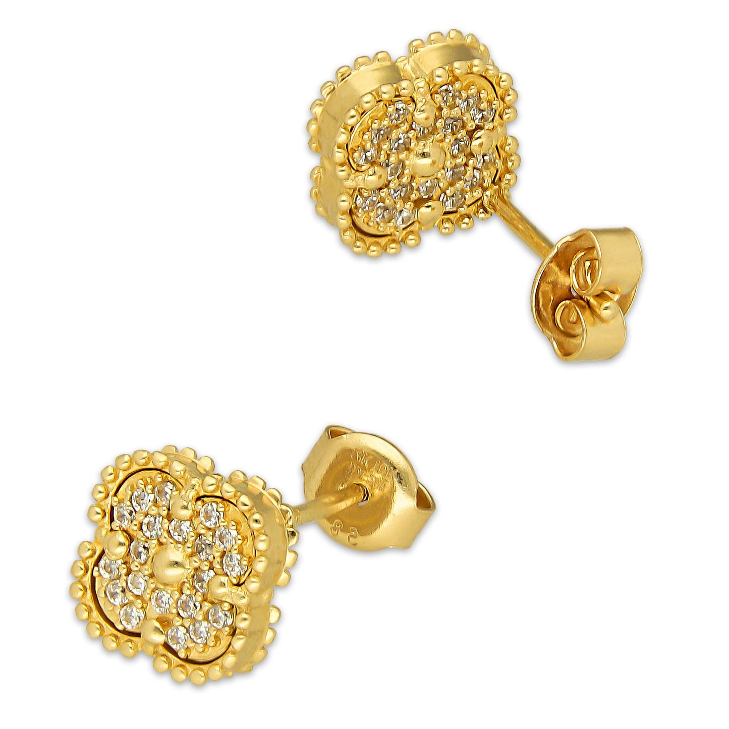 MR14AB024 Arete Broquel Oro Sólido 14K EMF14 Modelo Trébol 8 mm Dorado con Zirconias Diámetro 1.3 cm